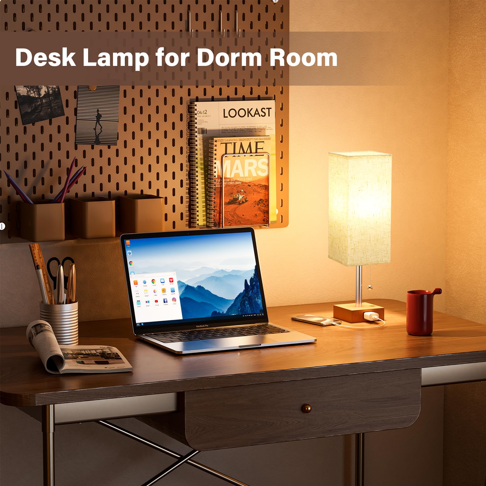 Fenmzee Table Lamp For Bedroom Set Of 2 Nightstand - 3 Color Bedside Lamps With Ac Outlets For Charging, Square Wooden Night Sta