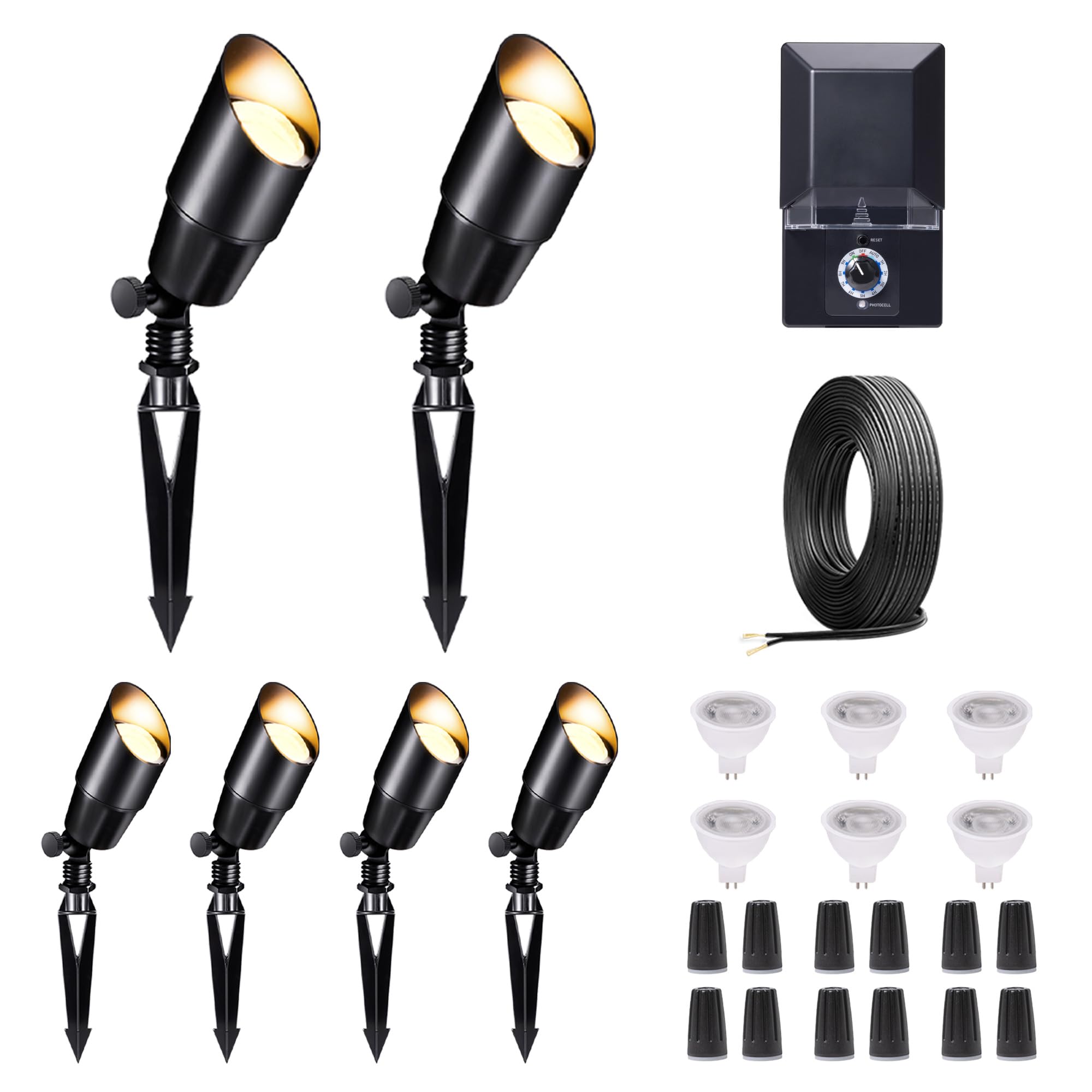 Varmtalys Outdoor Spotlight Kit, 6 Pack Black Low Voltage Landscape Light and 100W Low Voltage Transformer and 100FT Cable and 3