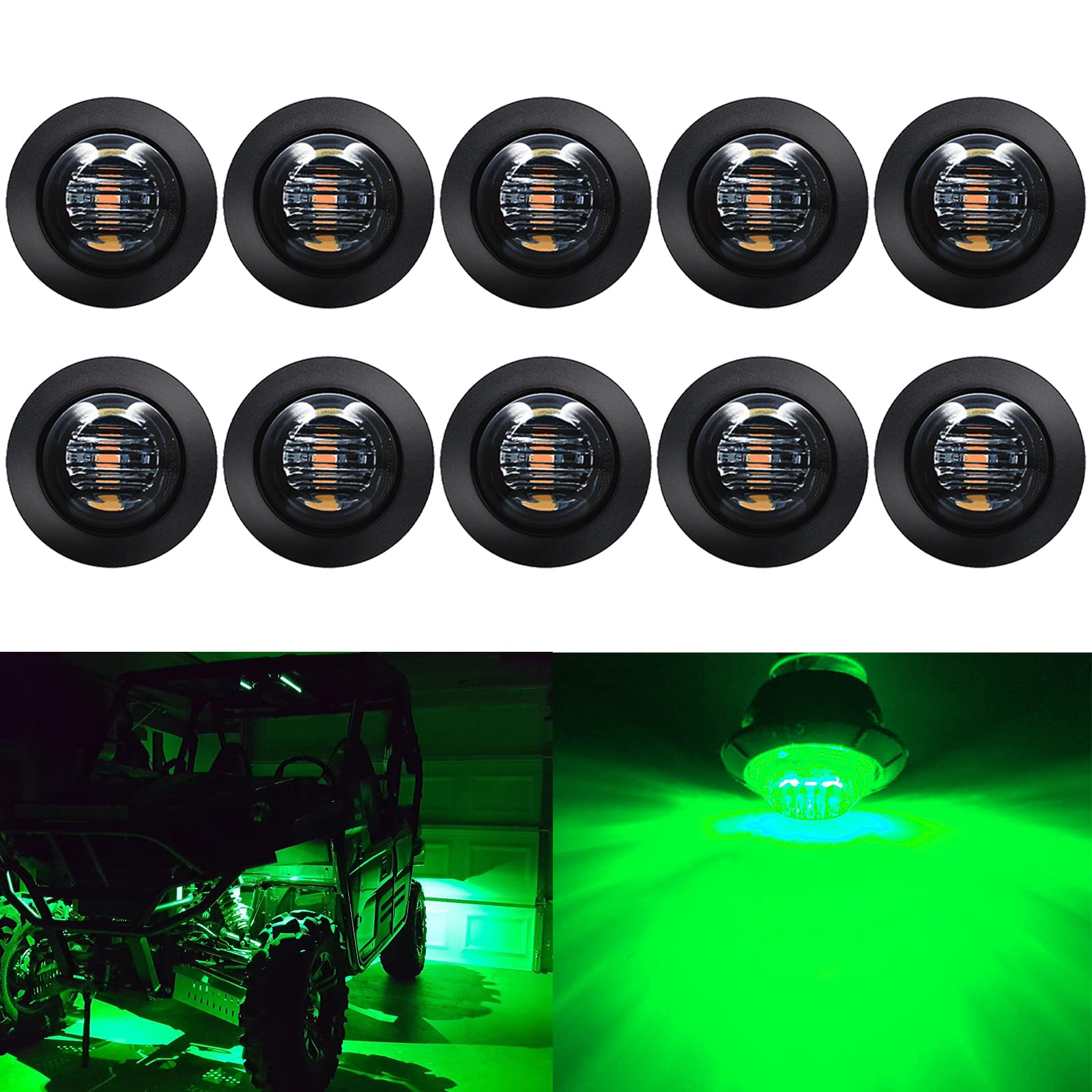 KEING 10 Pack Sealed Waterproof Mini Round 3/4 Inch Green LED Marker Lights Signal Light 12V for Trailer Truck Bus Pickup Van ATV RV Lorry Caravan  5 Years Warranty (Smoked Lens)