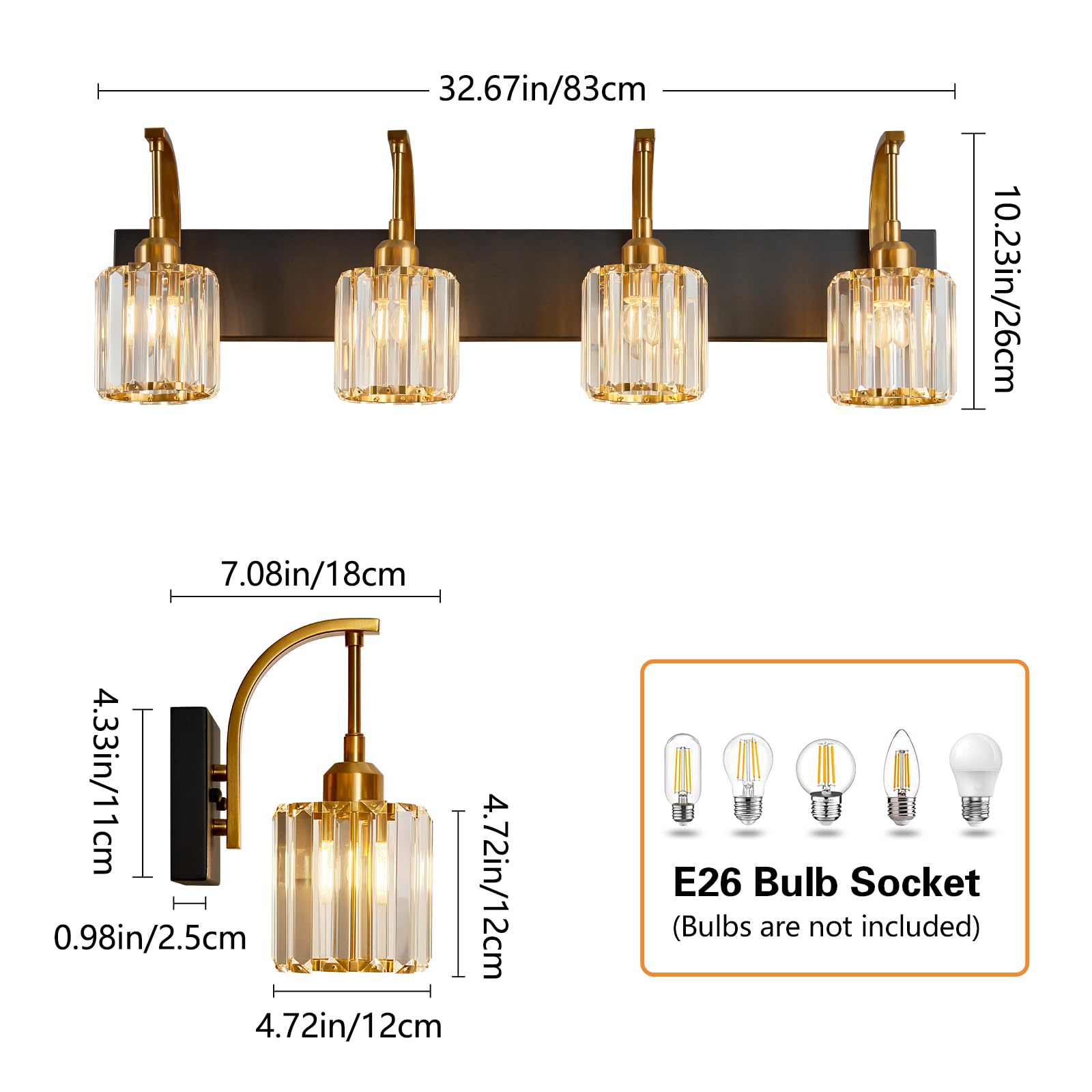 Fdpby 4-Light Crystal Vanity Light  Modern Black Gold Bathroom Wall Sconce With K9 Crystal Shades  32.67 Long Over Mirror Lighting For Vanity  Makeup  Hallway  Elegant & Easy Install