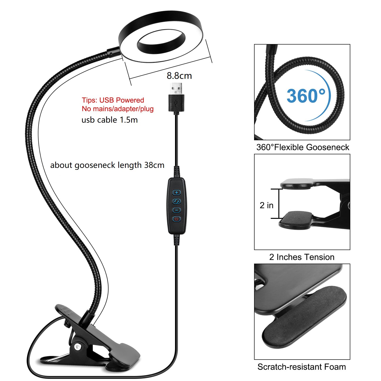 Woputne Desk Clip-on Lamp, 10 Dimmable Brightness Modes, 5V 2A Adapter, Black, 2 Packs, Model HL-TJ8010A