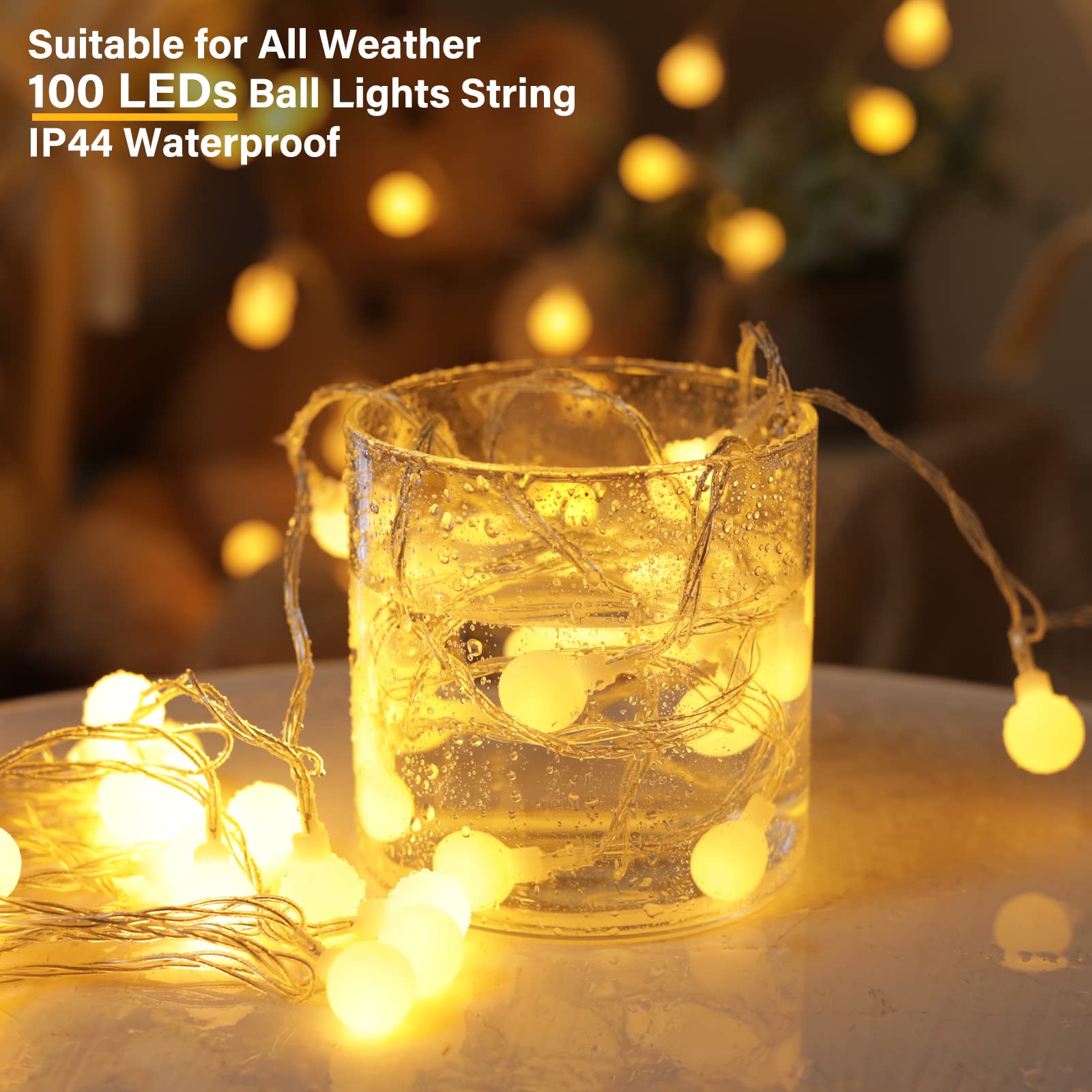 Minetom Globe String Lights, 100 LED Warm White Fairy Lights, 33Ft, 8 Modes, Indoor Outdoor Decor, Model 100L