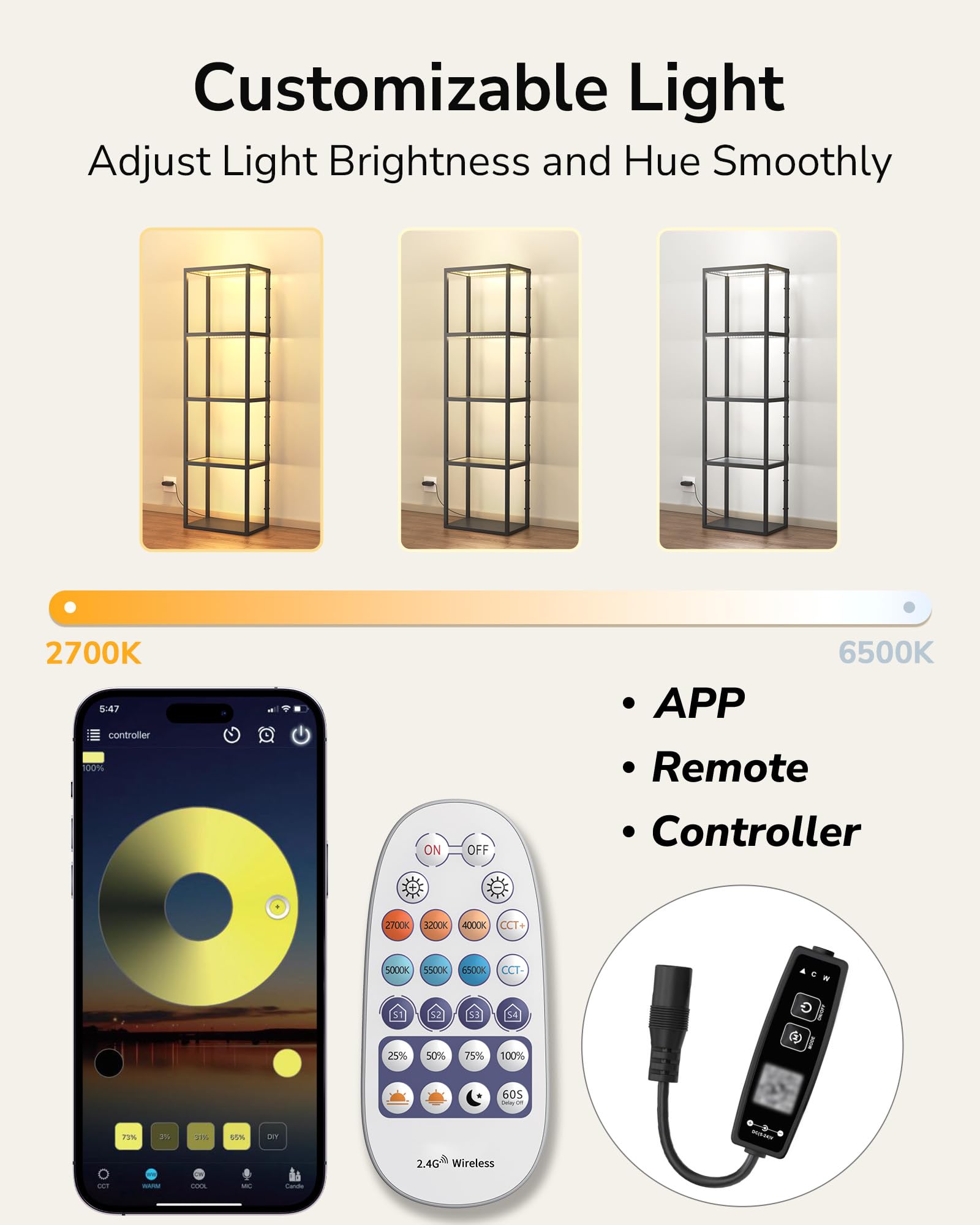JACKYLED Corner Display Shelf with Lights, 5-Tier 66 Tall Corner Storage for Books Perfume Shelf, Dimmable LED Glass Display She