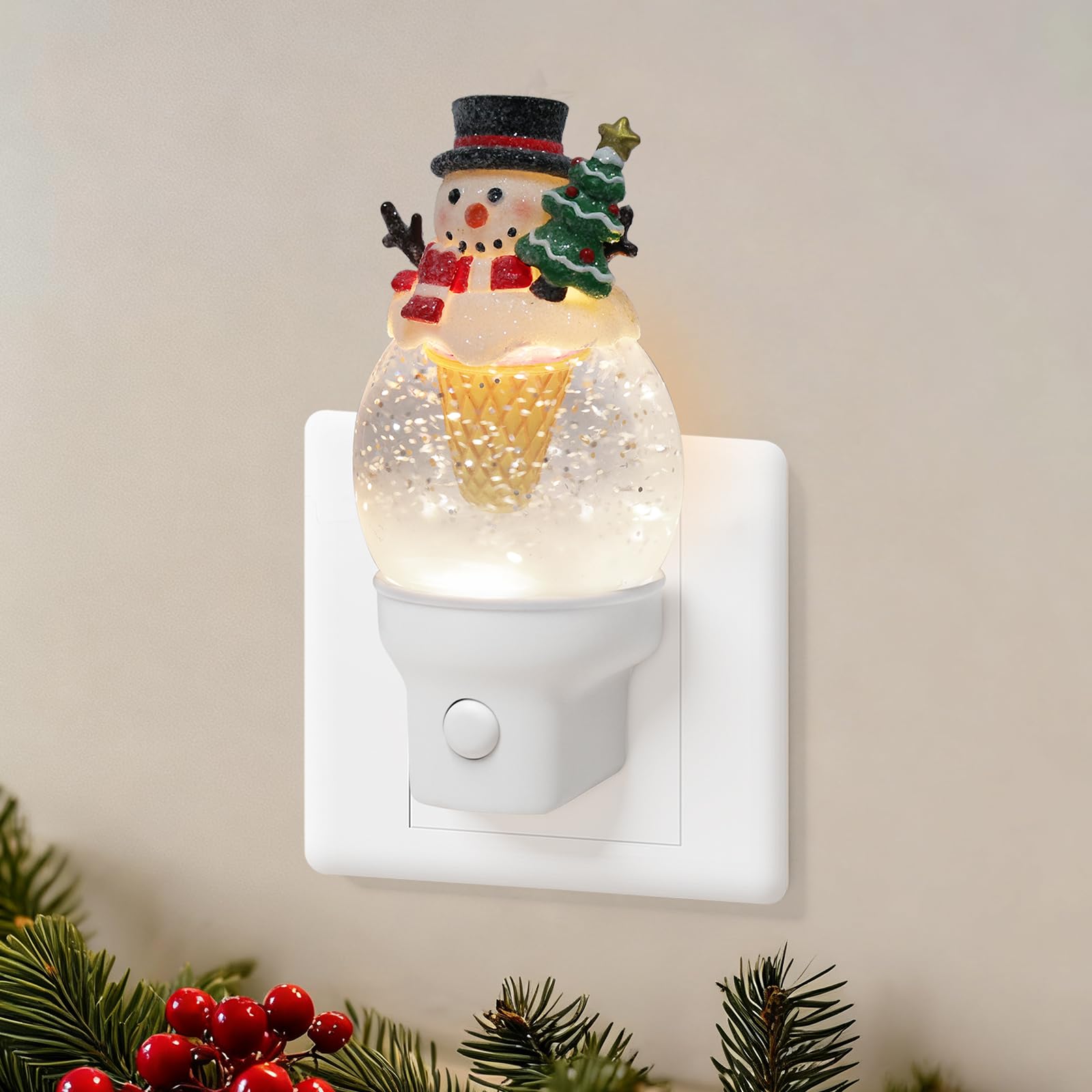 Christmas Night Light Plug into Wall Glitter Water Nightlight with USB/Outlet Options  Christmas Snowman Ice Cream Decorative Nightlight for Bedroom Holiday Decorations Gifts (Snowman Ice Cream)