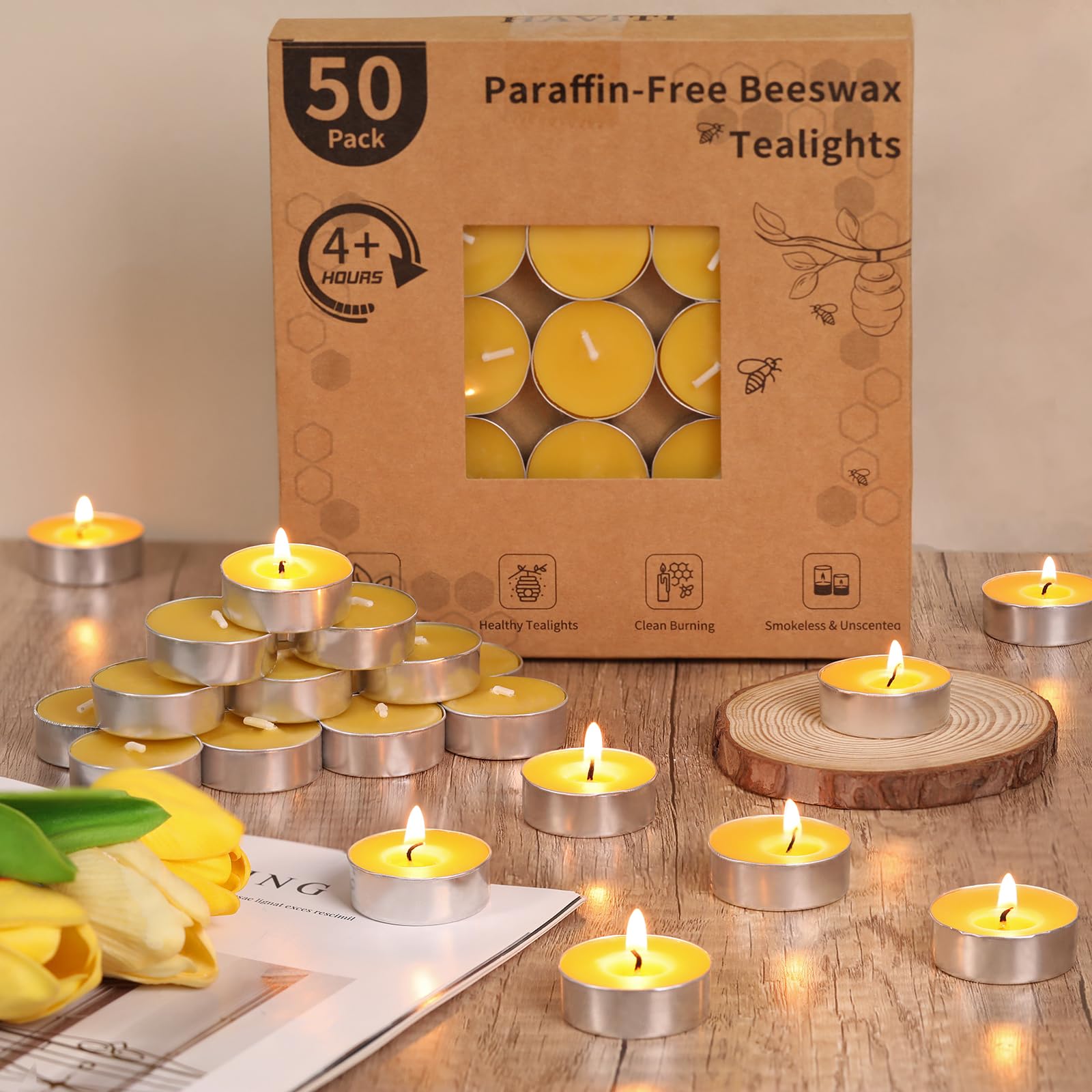 50 Packs Beeswax Tealight Candles, Pure Beeswax Tea Lights Candle, Natural Organic Tealights Candles Unscented Smokeless Clean B