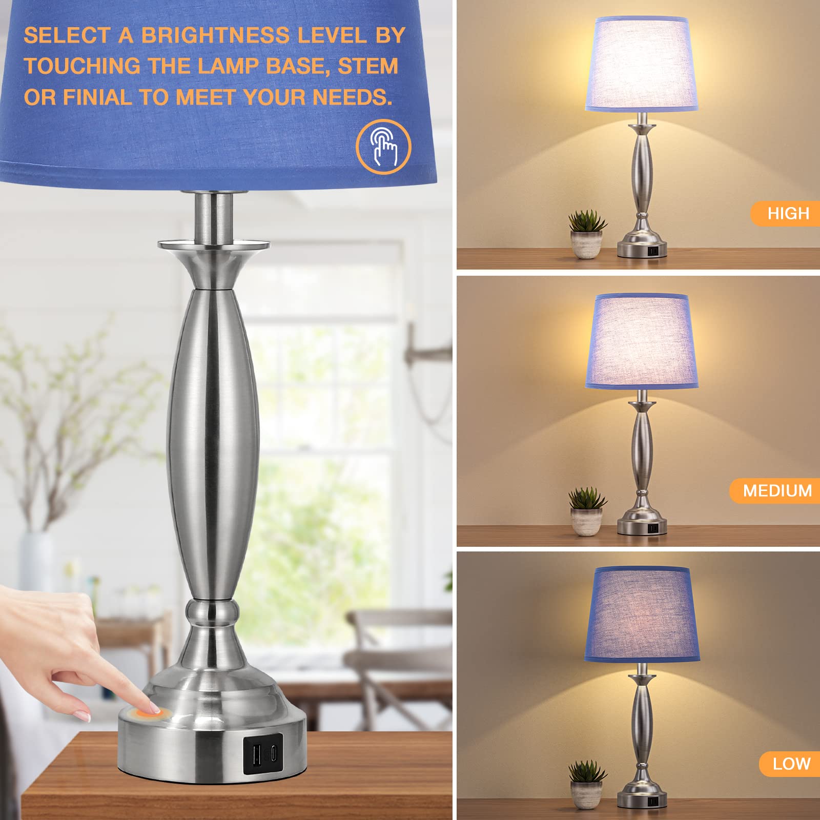 Blue Lamps For Bedrooms Set Of 2 - Touch Control Bedside Lamp With Usb C+A, 3 Way Dimmable Nightstand Lamps With Usb Port, Table