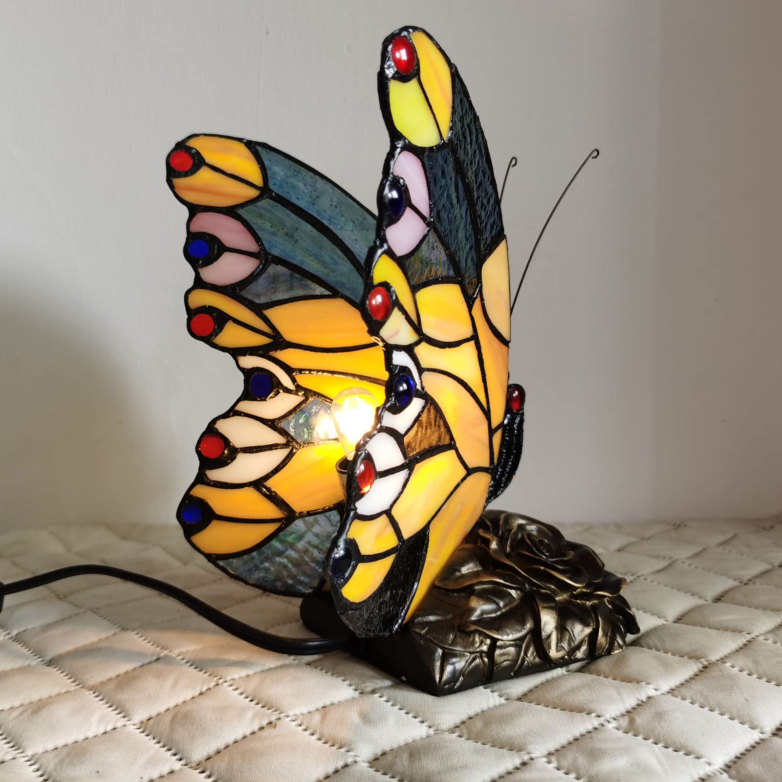 Fumat Bedside Table Lamp Led Tiffany Table Lamps Yellow Butterfly Stained Glass Shade On Off Switch Night Light Side Table Lamp