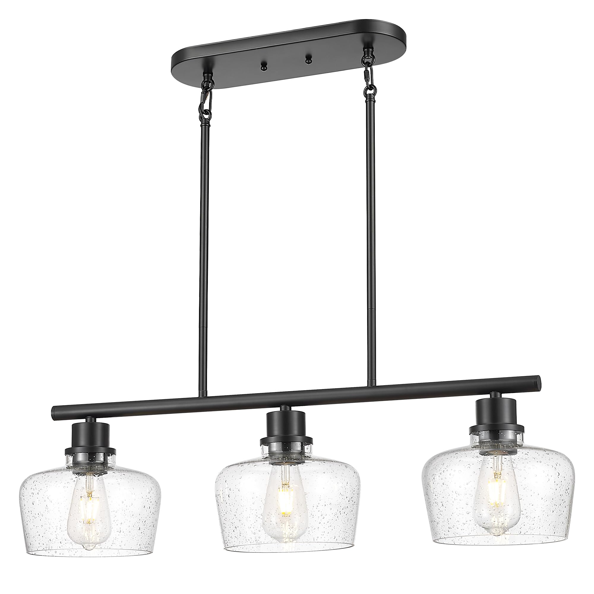 Emak Black Dining Room Light Fixture, Modern 32 Inch Linear Chandelier Lamp with Seeded Glass Shade, Farmhouse 3-Light Kitchen I
