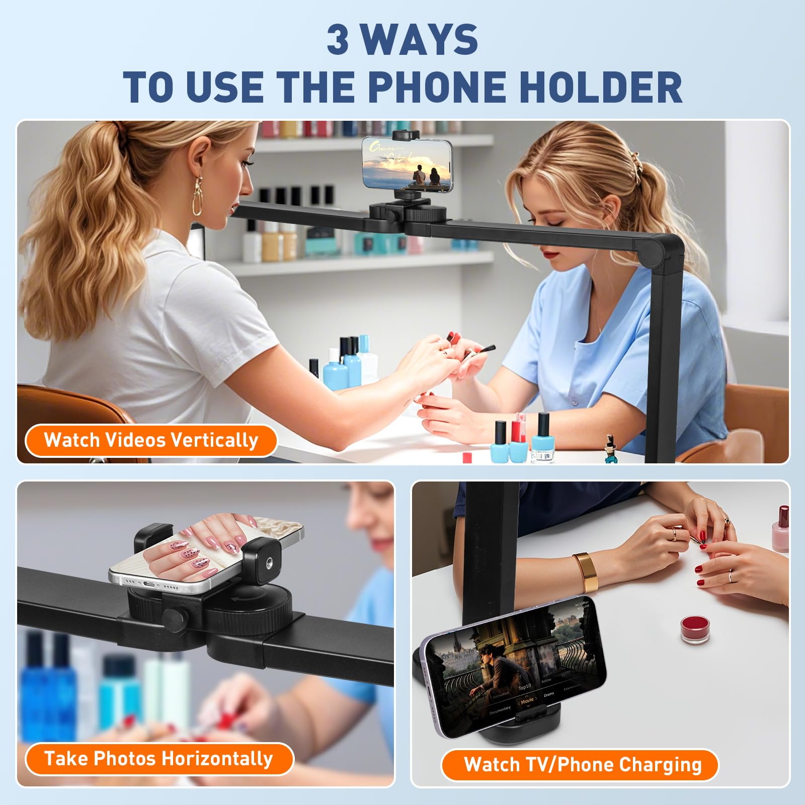 Kirkas 34Inch Large Half Moon Light For Nail Tech, 456 Leds 3 Color Modes Infinitely Knob Arch Nail Light With Phone Holder Char