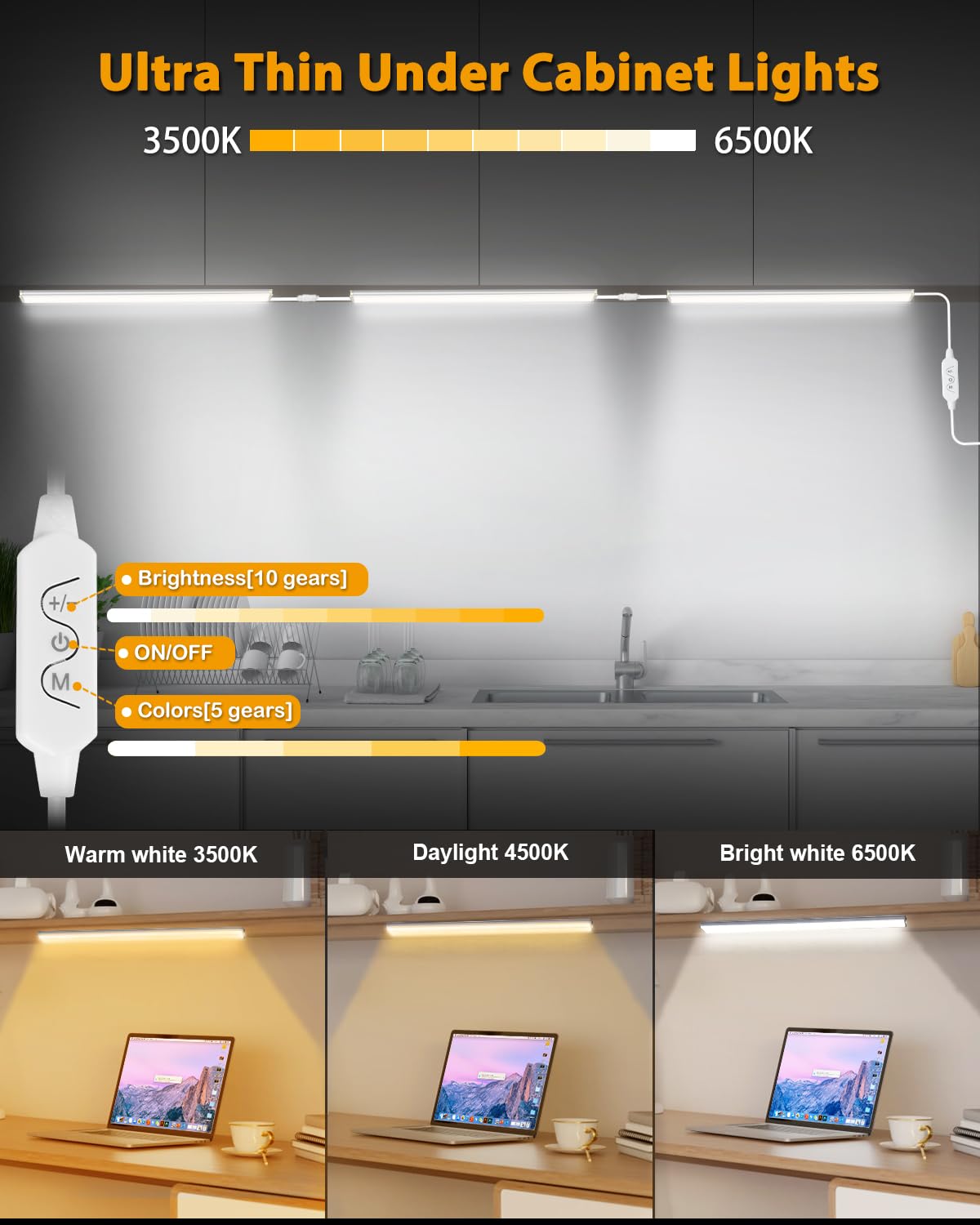 Czyjprl Dimmable 12 Inch Ultra Thin Under Cabinet Lighting, Under Cabinet Lights Plug In, Multi-Color Super Bright Led Lights Ba