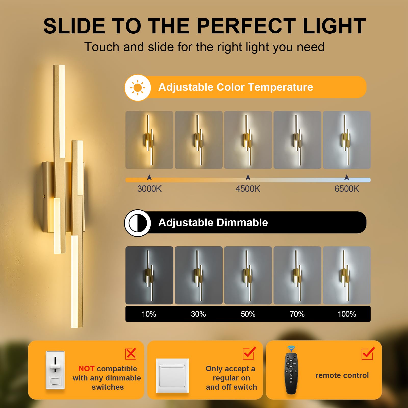 Benkut LED Vanity Lights Set of 2, Gold Wall Sconce, Dimmable with Remote, 27.6 inch, Aluminum