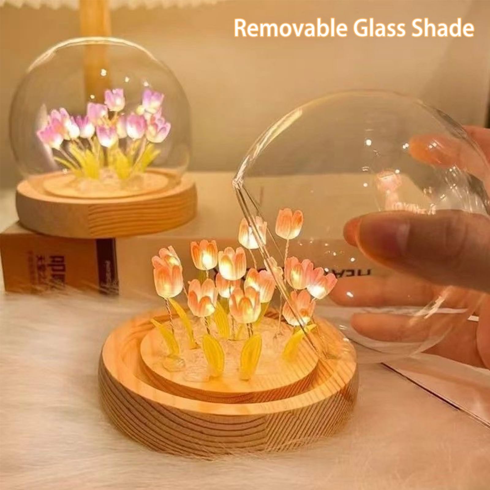 GUIGUZHJ Tulip Night Light - Pink Battery-Powered Flower Lamp with Glass Shade & Wooden Base - Ideal Gift for Women