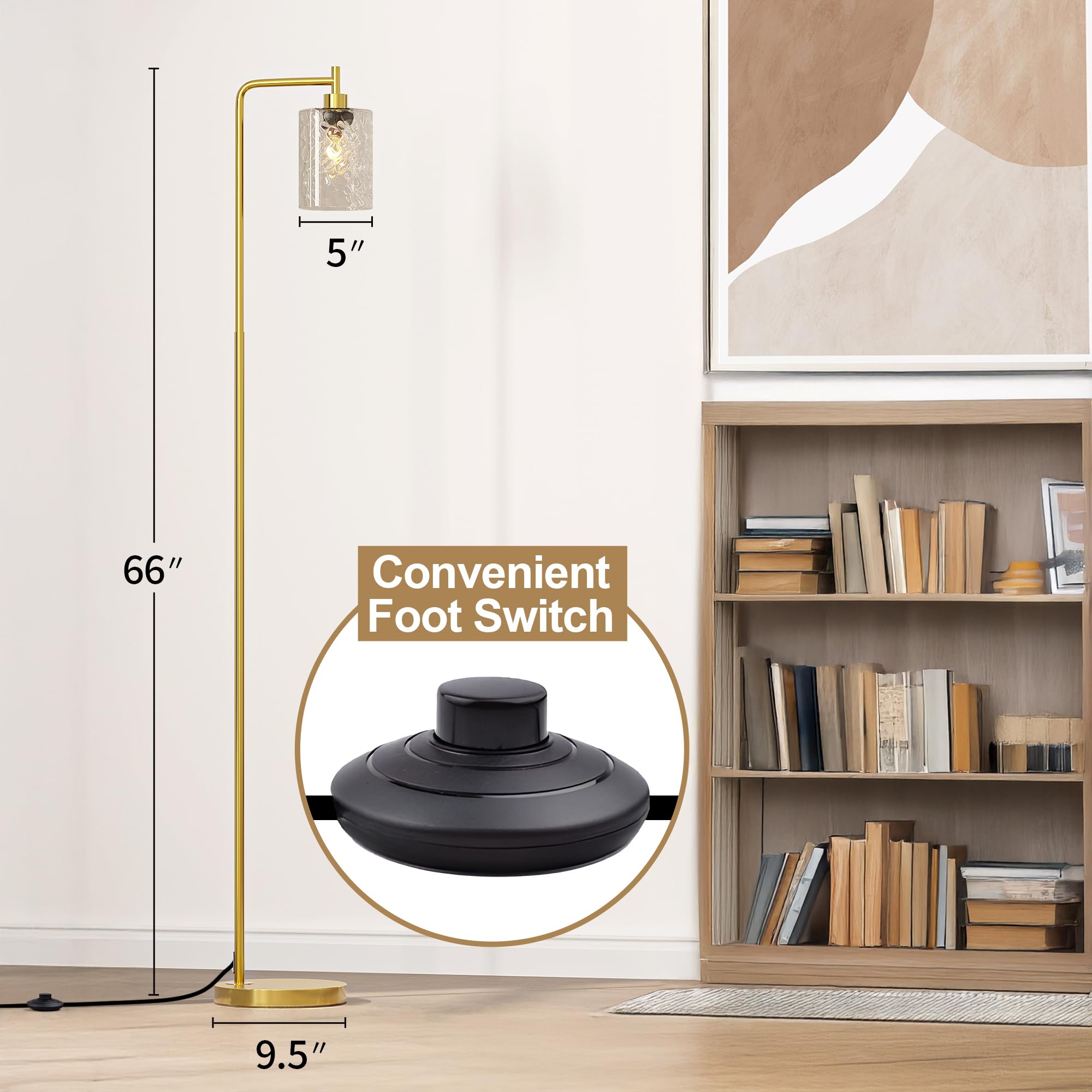 Oneach 66'' Gold Floor Lamp For Living Room, Industrial Floor Lamp With Led Bulb, Glass Shade, Foot Switch, Morden Tall Farmhous