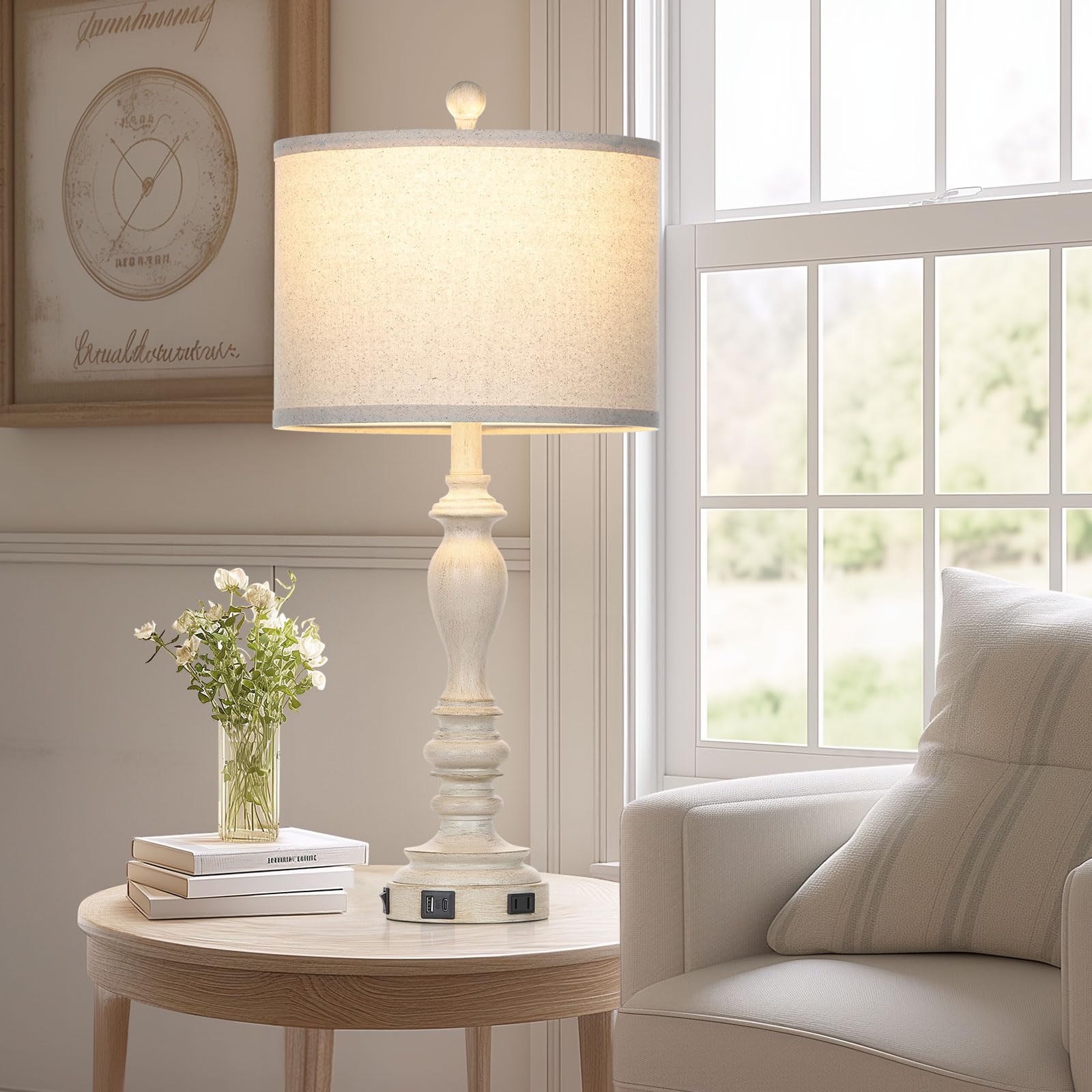 Cinyirong 27.5'' Single Table Lamp For Living Room, Farmhouse Bedside Lamps With Usb A+C Charging Ports For Bedroom Kids Room Do