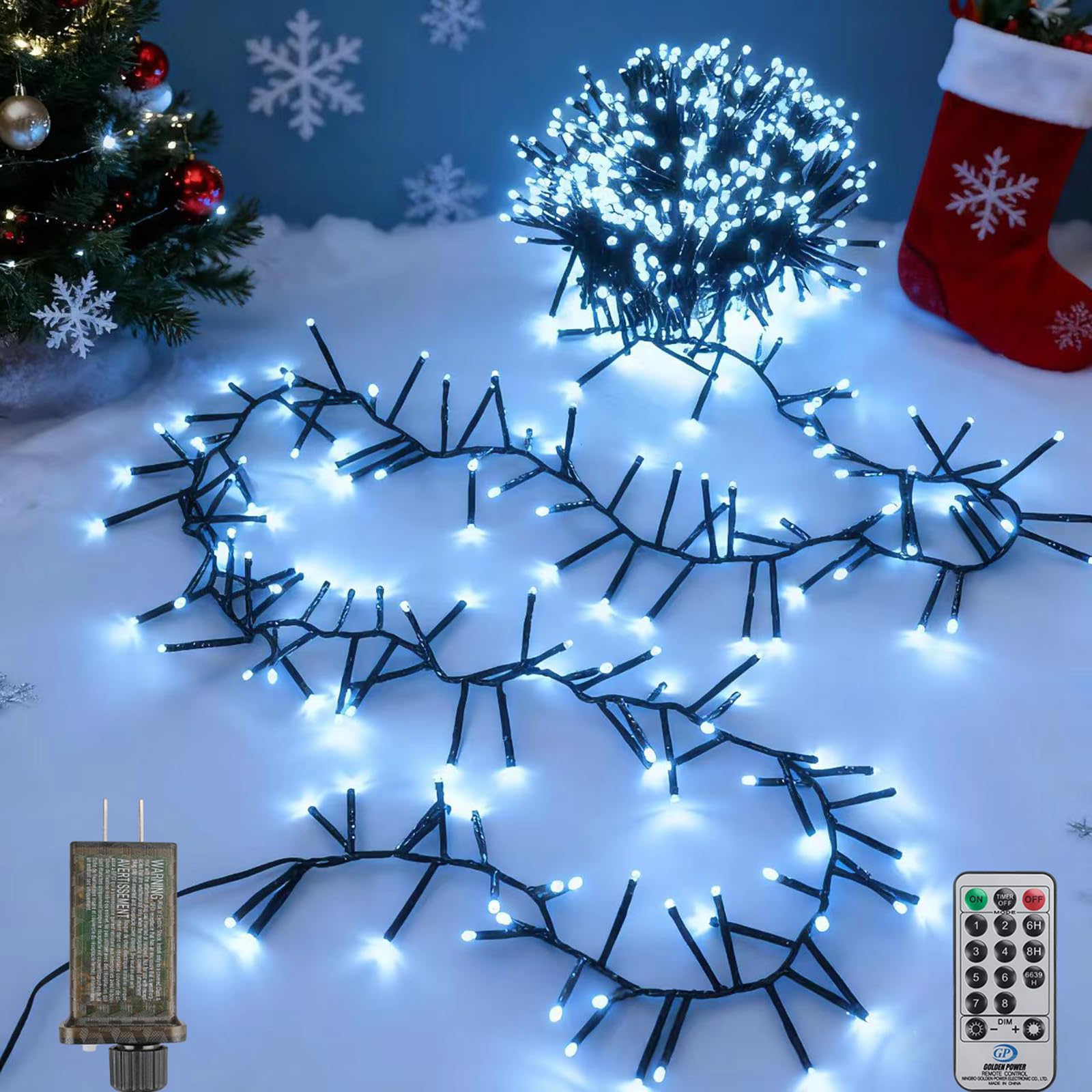 Christmas Cluster Lights Plug-In -52Ft 800 Led Fire ers String Lights 8 Modes Timer Waterproof Twinkle Fairy Lights For Christmas Tree Garland Party (Cool White)
