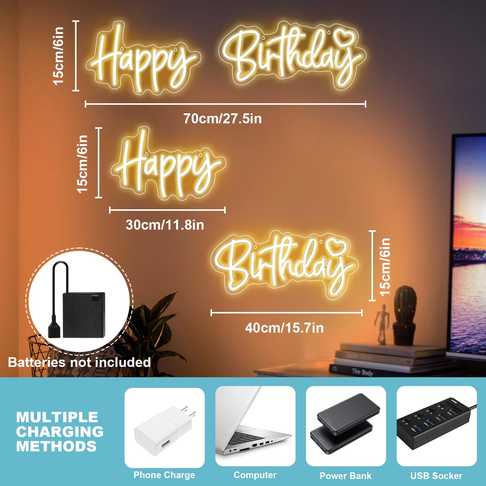 SERBASIC LED Neon Sign Set, Dimmable Warm White Birthday Light, 27.5in x 6in, Transparent Acrylic Panel, Wall Decor for Home & Parties