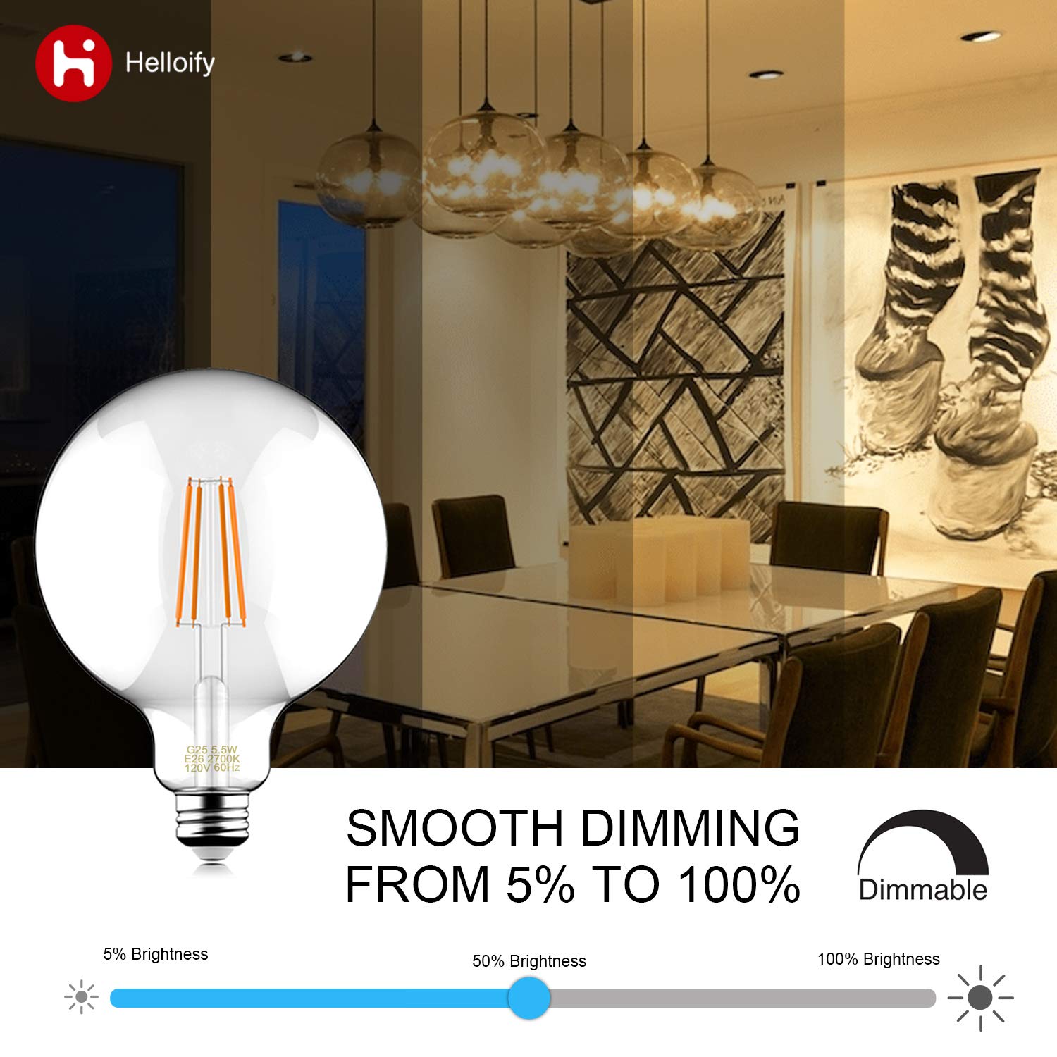 Helloify Vintage LED Edison Bulbs, 60W Equivalent, Dimmable, 500 Lumens, Clear Glass, G25, Soft White 2700K, Pack of 4