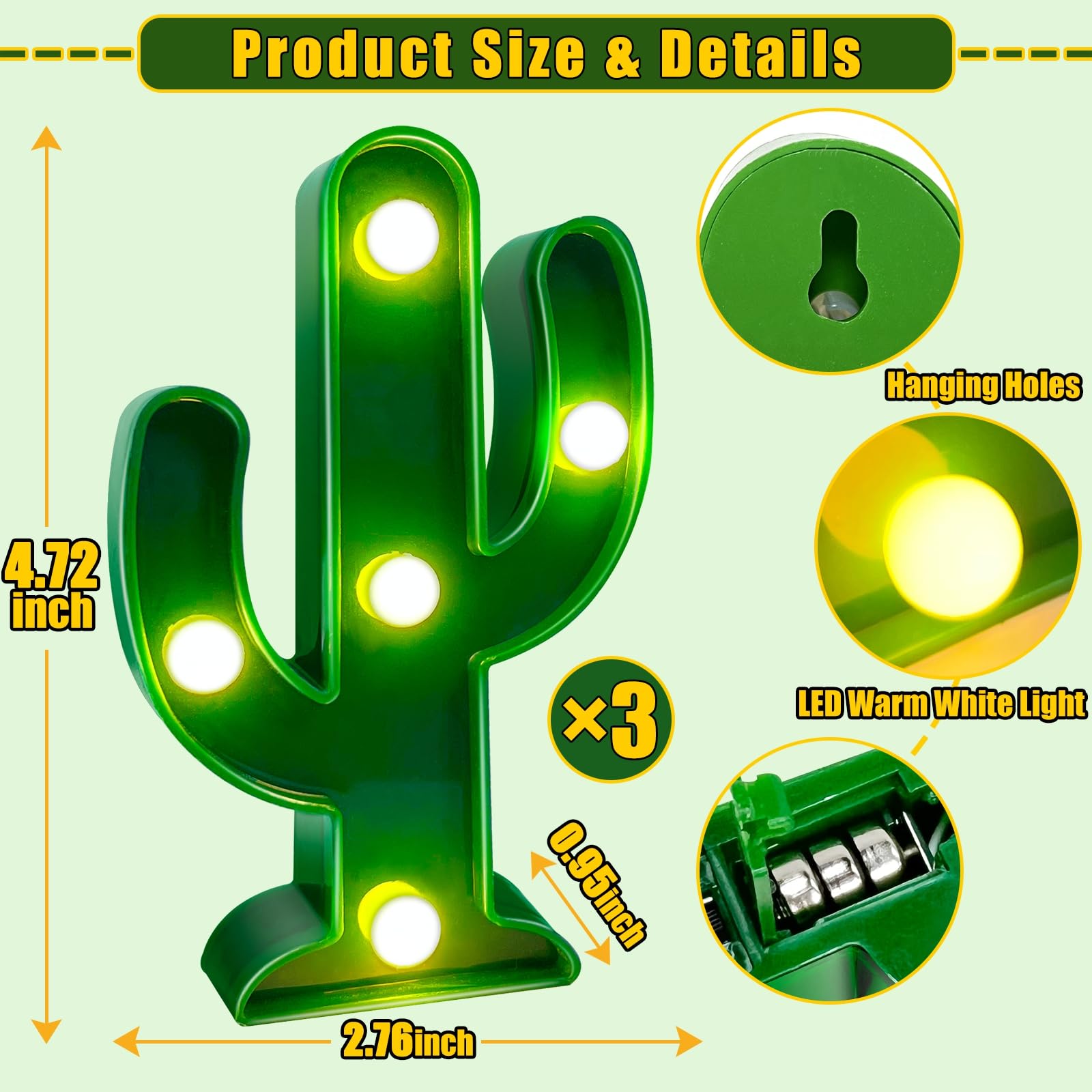 TURNMEON 3 Piece Cactus Decor LED Cactus Light Fiesta Decorations, Fiesta Mexican Party Decorations Green Cactus Night Light Cut