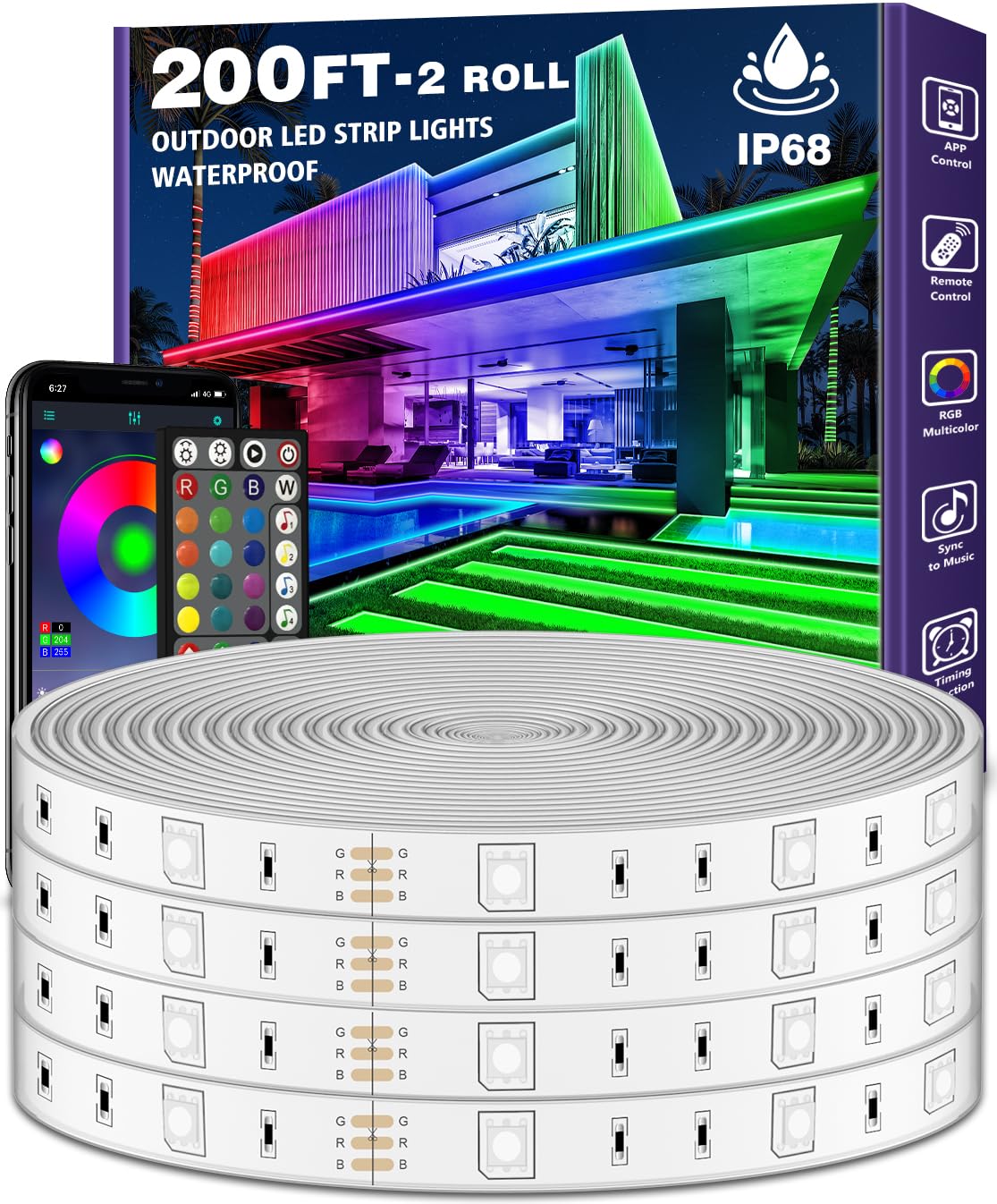 AILBTON LED Strip Lights 200ft Waterproof RGB Bluetooth App Control Music Sync for Outdoor Use