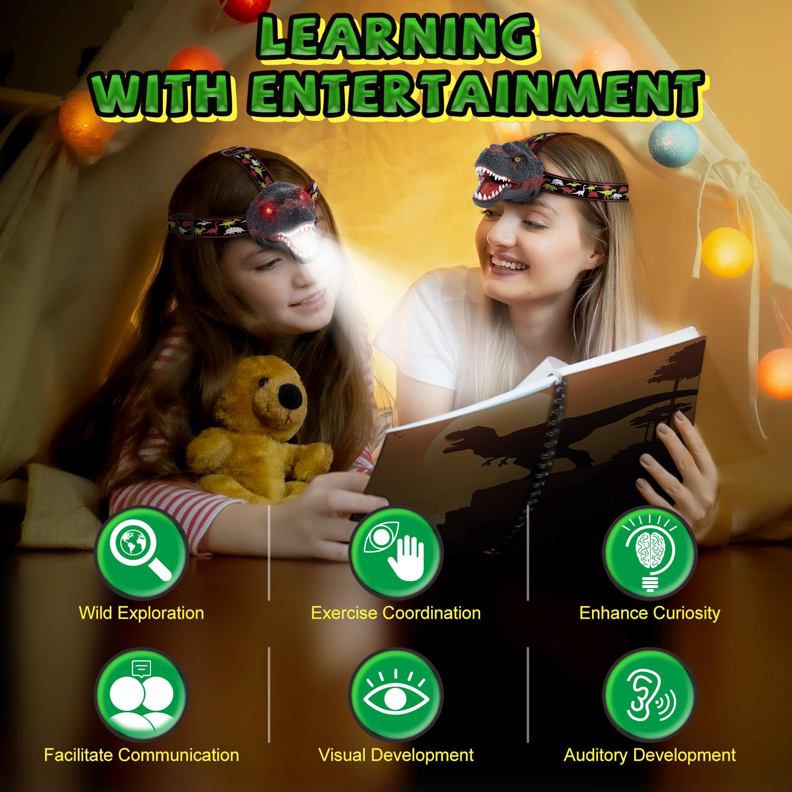 Nitigo Dinosaur Headlamp For Kids Flashlight Rechargeable Led Headlights Roar & Silent Mode, T-Rex Dinosaur Toys For Kids 3-5 4-