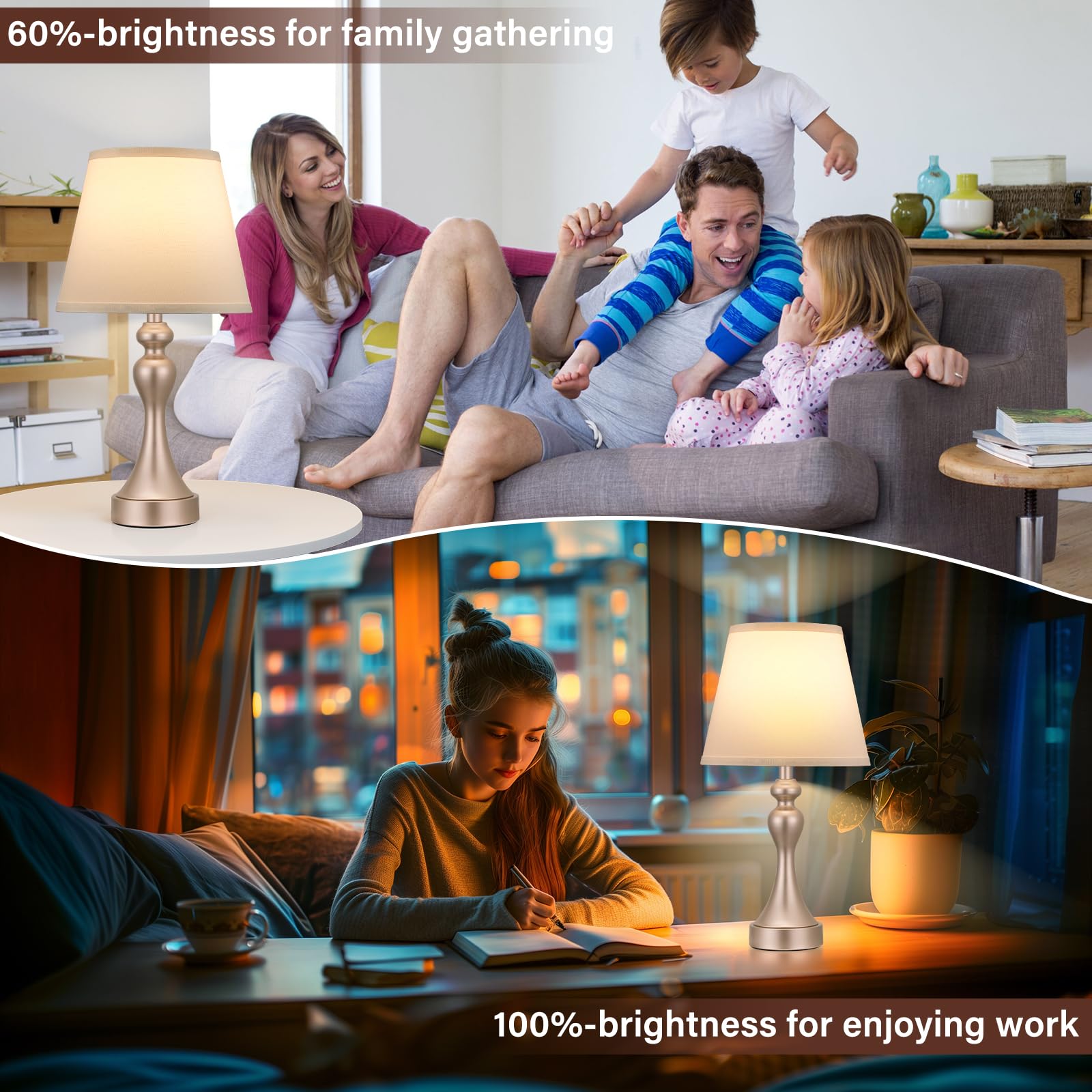 Seealle Touch Lamps For Nightstand - Bedside Lamps Set Of 2, 3 Way Dimmable, Usb C+A For Bedroom & End Tables (Flash-Grey&White)