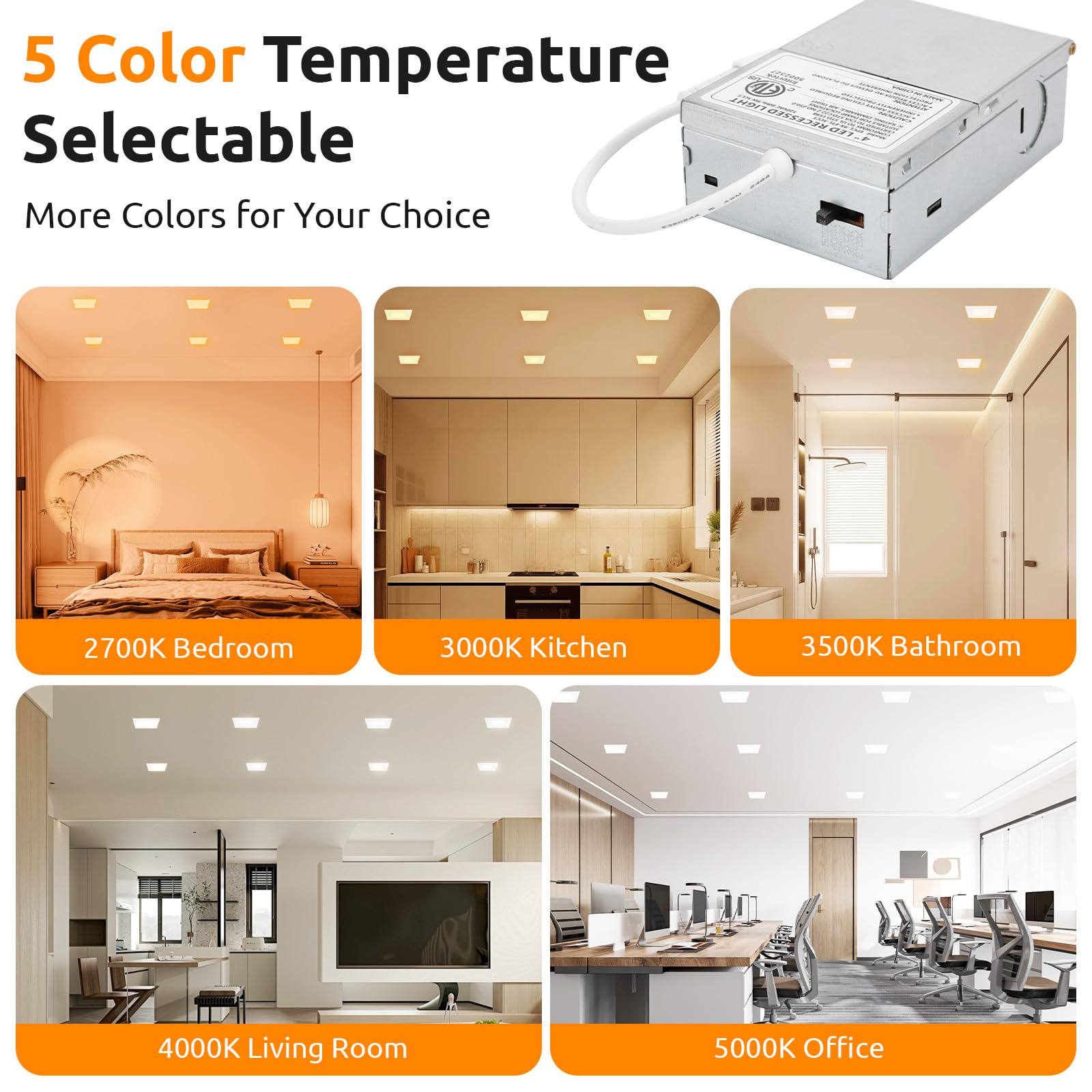 Honzin 1 Pack 6 Inch Square Led Recessed Lighting  5Cct Ultra-Thin Led Ceiling Lights  2700K/3000K/3500K/4000K/5000K Selectable  13W  Ic Rated  Dimmable White Square Trim With Junction Box