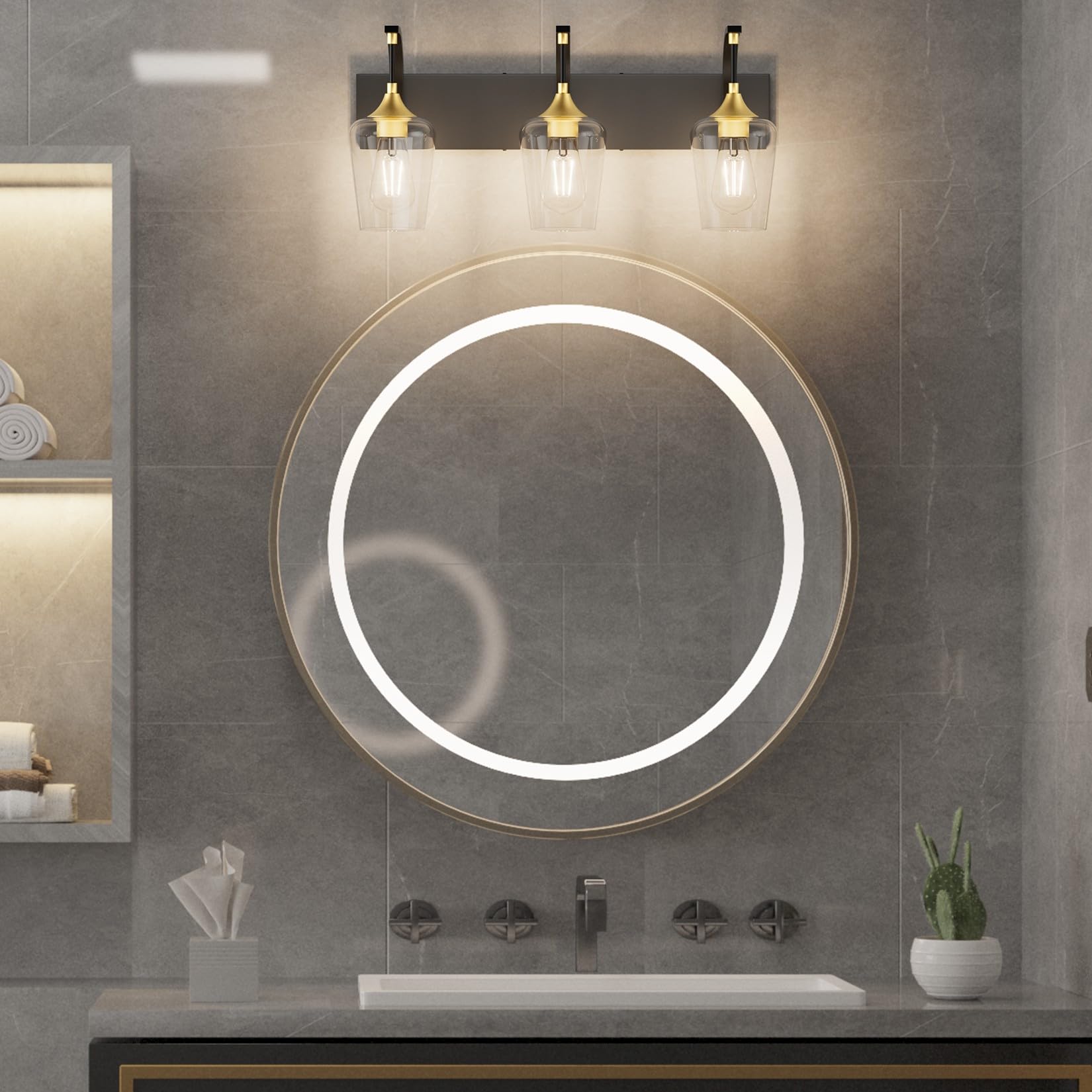 Ralbay Black/Gold Vanity Light Fixtures 3-Lights Industrial Black/Gold Bathroom Vanity Light With Clear Glass Vintage Edison Bathroom Wall Lighting Fixtures
