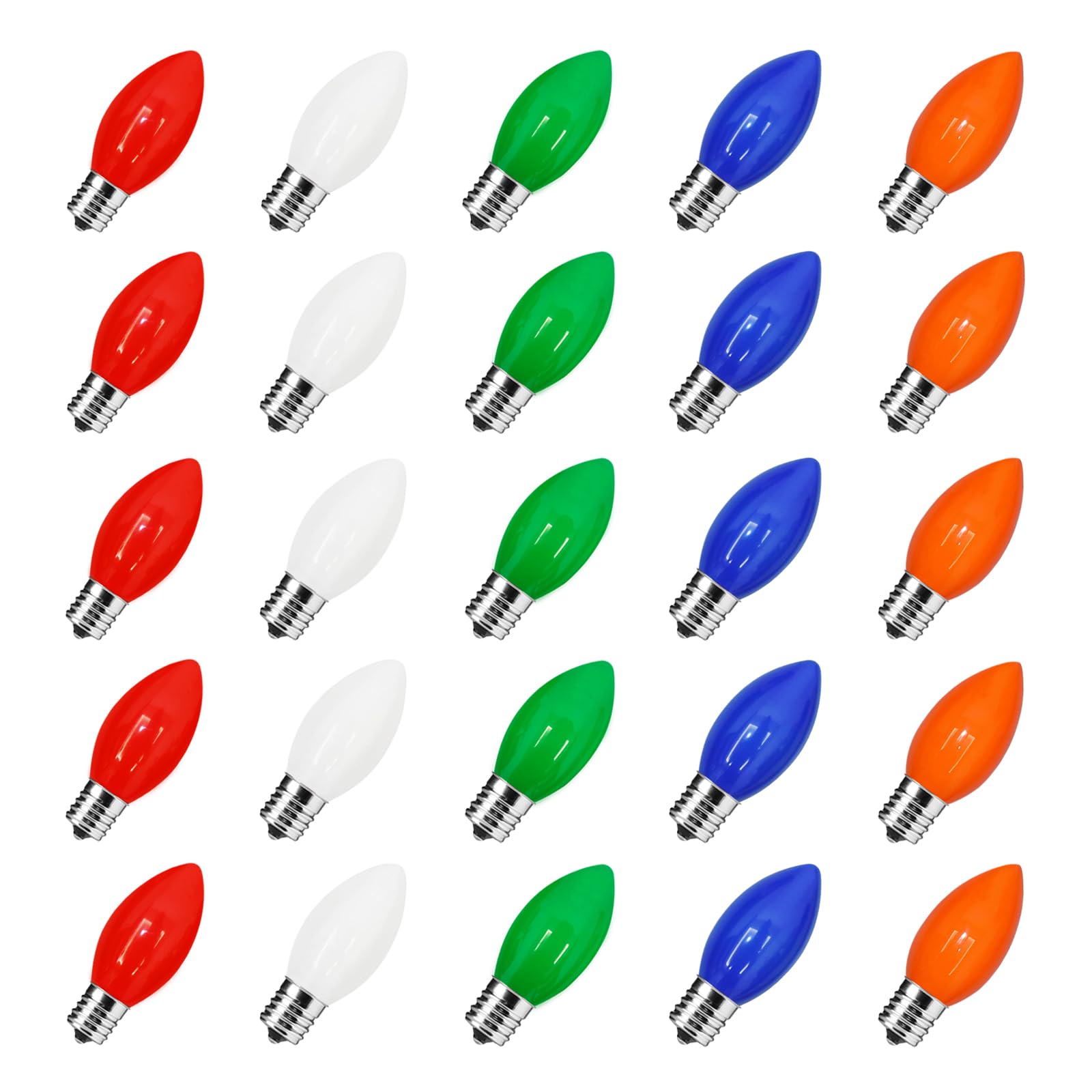 Myhimx 25 Pack C7 Christmas Light Bulbs  C7 Ceramic Multicolor Christmas Lights Replacement Bulb  E12 Candelabra Base Vintage Light Bulbs for Outdoor Xmas String Lights Nightlight Chandelier  5 Watts