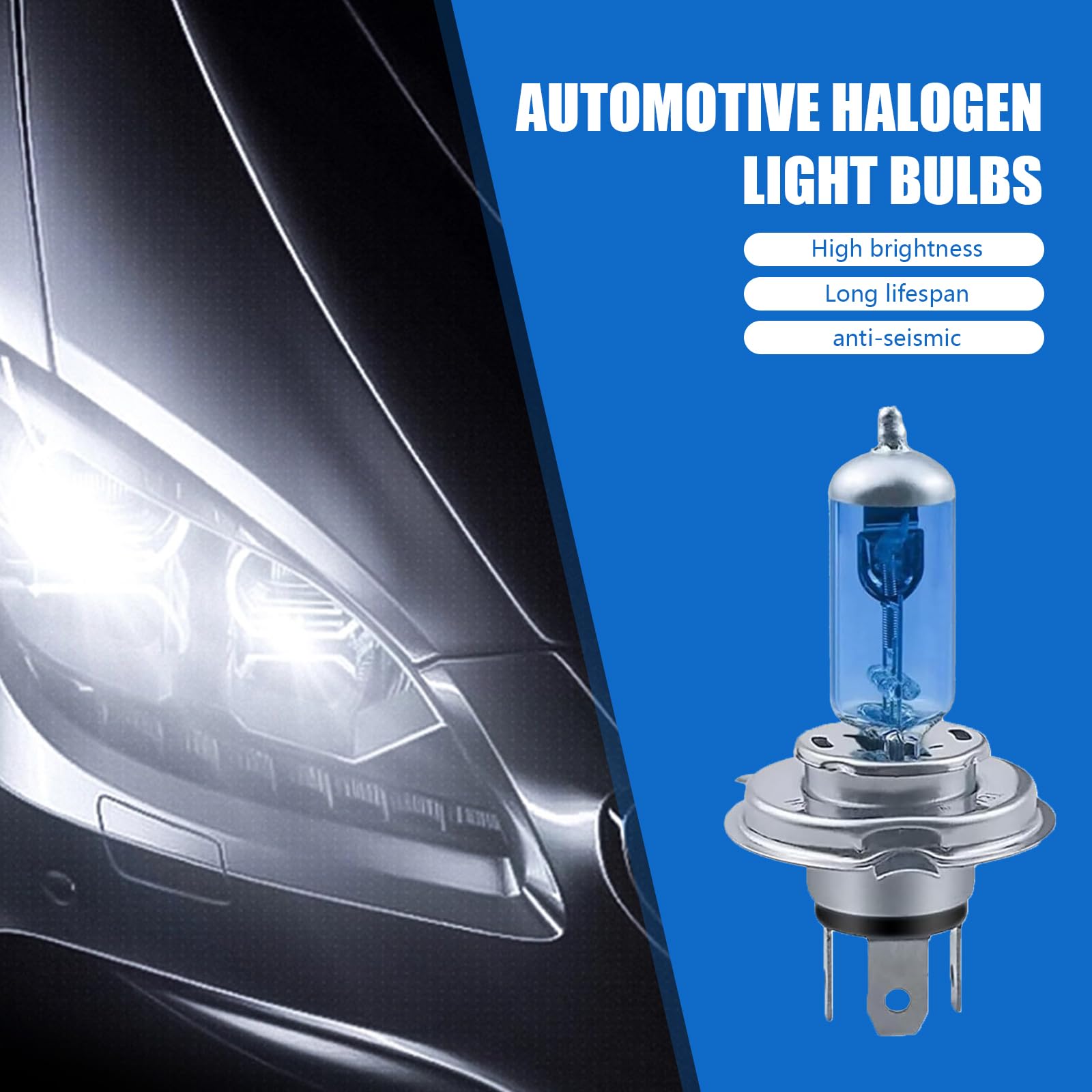 Flygun Car Halogen Bulbs - 100W Front Fog Light Bulbs, 2 PCS, White #H4, Model FUNLED1702WH-H4-2PS, Super Bright Auto