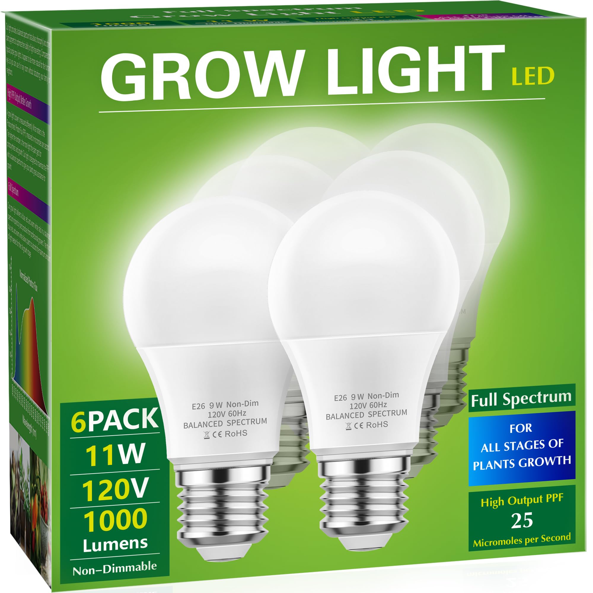 Briignite Grow Light Bulbs, Full Spectrum LED A19, 11W Equivalent, E26 Base, 6 Pack, Plastic