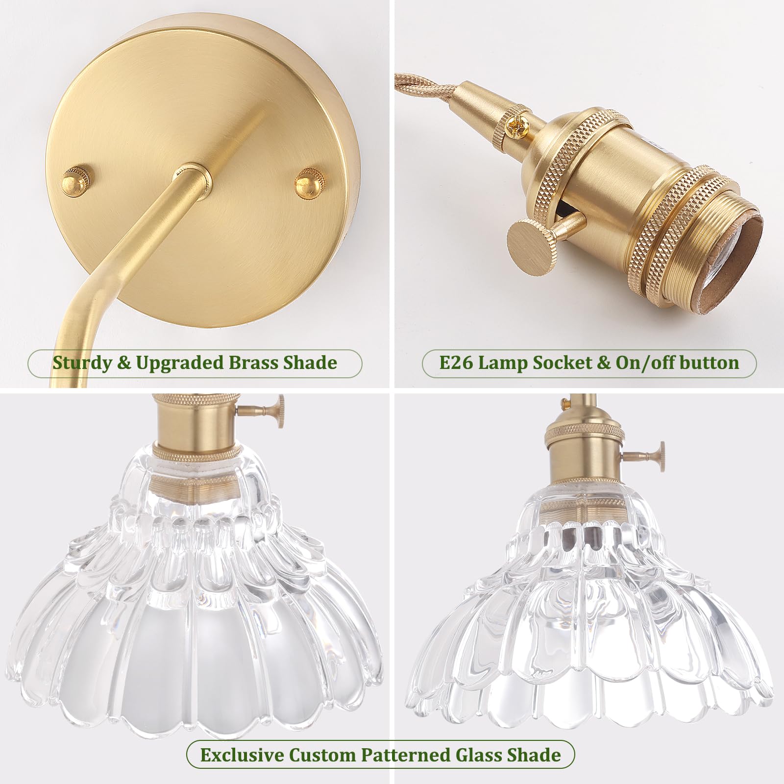Shenmoyl Vintage Wall Sconce, Brass, Adjustable Chain, Hardwired, Lily of the Valley-Clear, Model 1-9492
