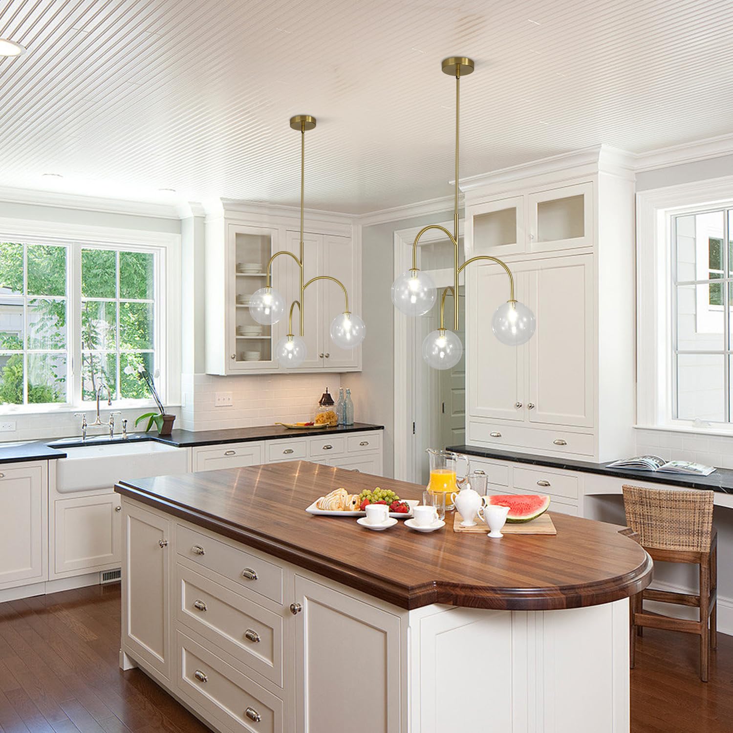 Flyrose Modern Gold Globe Pendant Lighting 3-Light Clear Glass Bubble Chandelier Mid Century Sputnik Light Fixture Brushed Brass