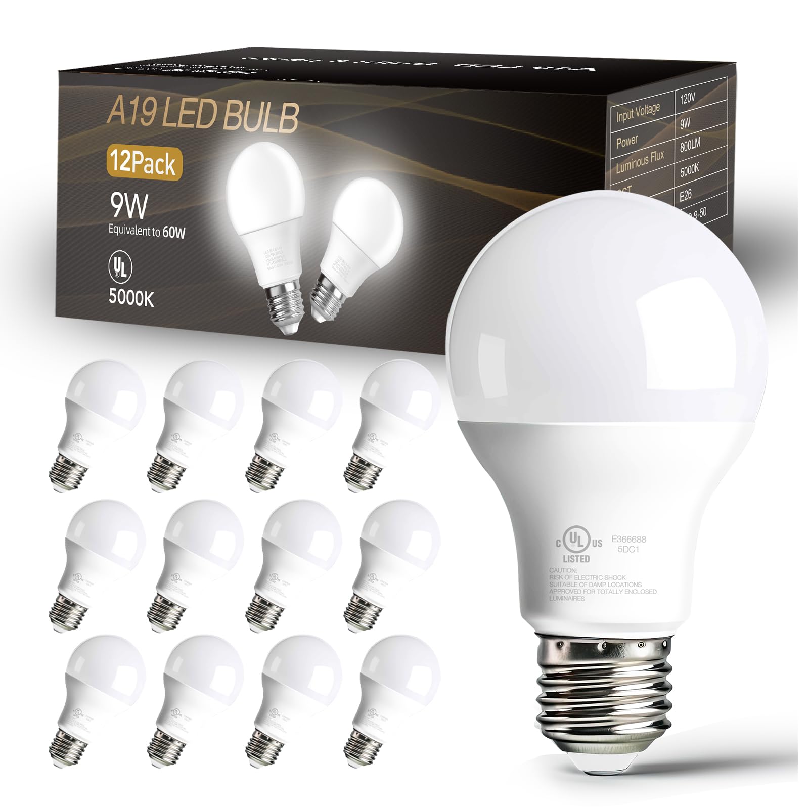 dalattin 12 Pack A19 LED Bulbs, 9W Equivalent 60 Watts, E26 Base, 5000K Daylight White, 800 LM, Efficient Energy Saving Lights for Living Room, Office, 80+ CRI, 120V, UL Listed