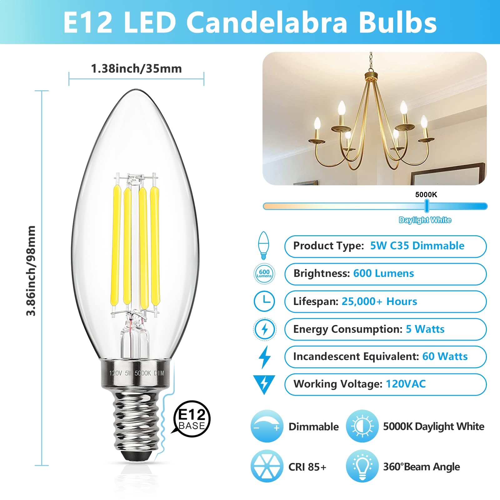 Maxvolador Dimmable E12 Led Candelabra Bulbs 60W Equivalent, Daylight White 5000K, 600Lm Chandelier Light Bulb, B11 Led Candle L