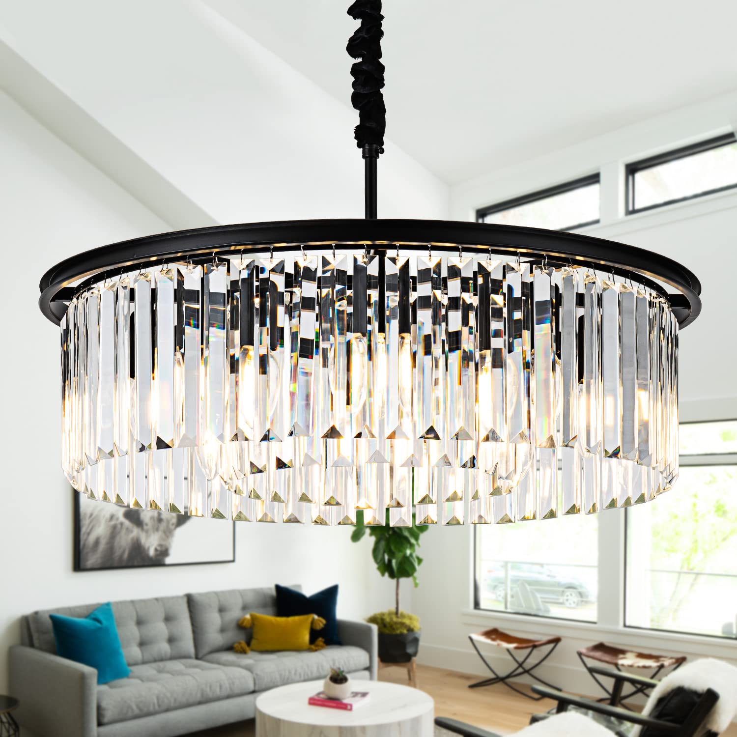 Lighceac 23" 8-Light Modern Crystal Chandelier Light Fixtures 2 Rings Black Luxury Chandeliers For Dining Room Round Hanging Pendant Lighting For Living Room Kitchen Entryway Bedroom
