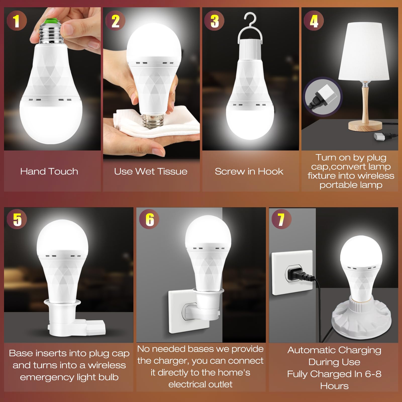 SORHE LIDKO Emergency Rechargeable LED Light Bulbs, 12W Equivalent, Battery Powered, White, 6 Pack, Includes Plug Caps and Hooks