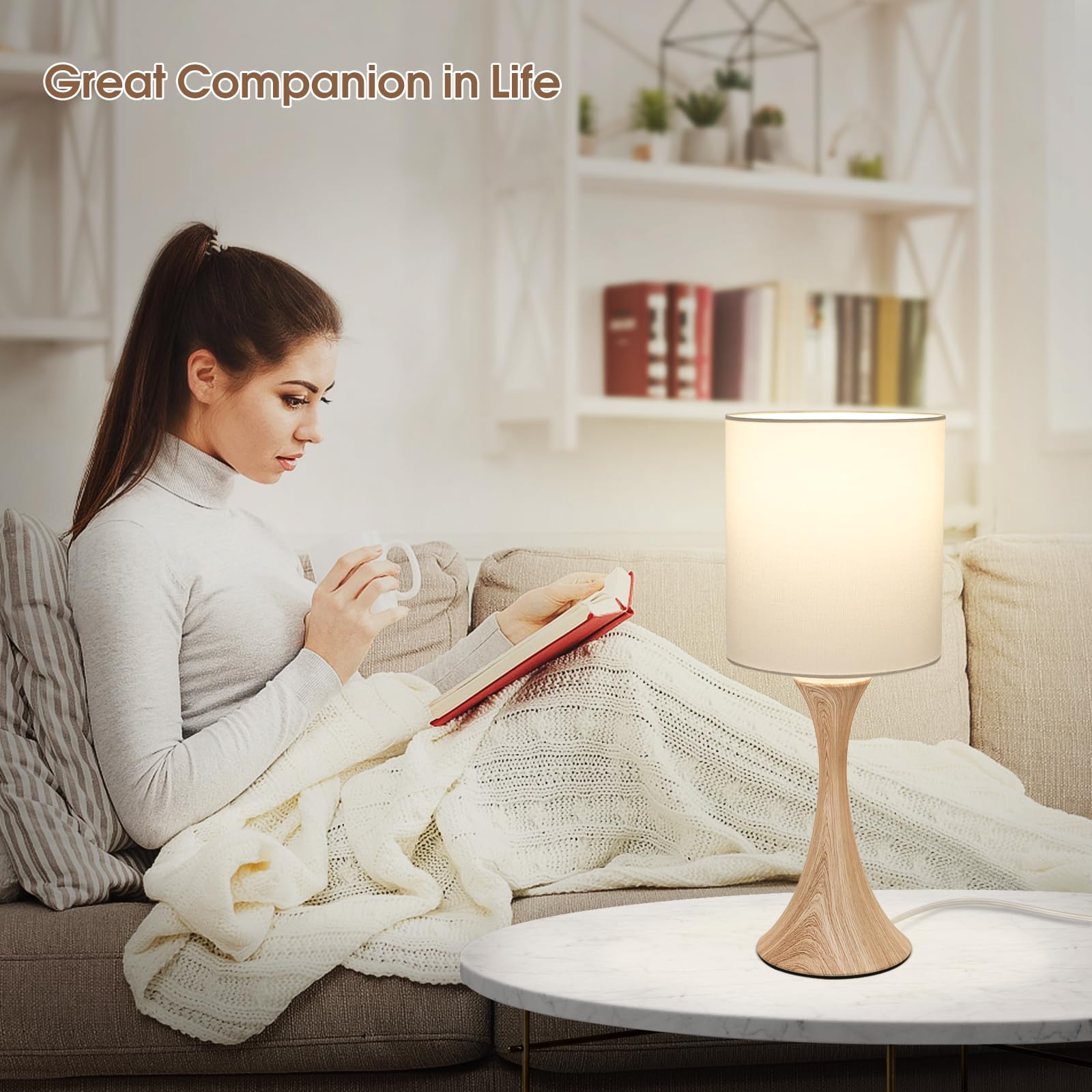 Seaside Village 3-Way Dimmable Touch Control Bedside Lamp, Wood Grain Base & White Shade, Modern Nightstand Light with 3000K LED Bulb