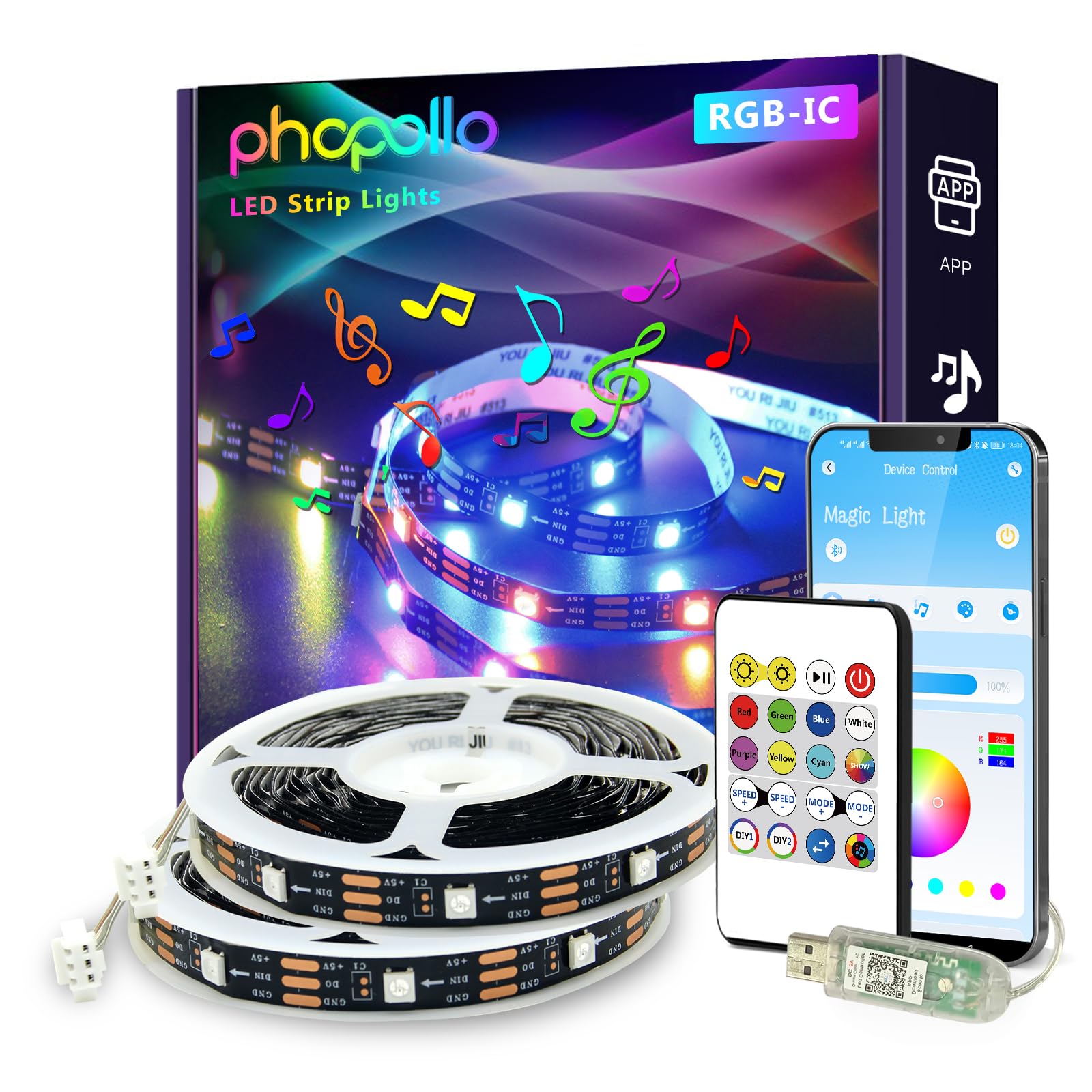 phopollo RGB Smart LED Strip Lights, 32.8ft (2 Rolls of 16.4ft) LED Lights for Bedroom, APP Control, Multiple Colors on One Line, Color Changing Strip Lighting Music Sync, USB Powered