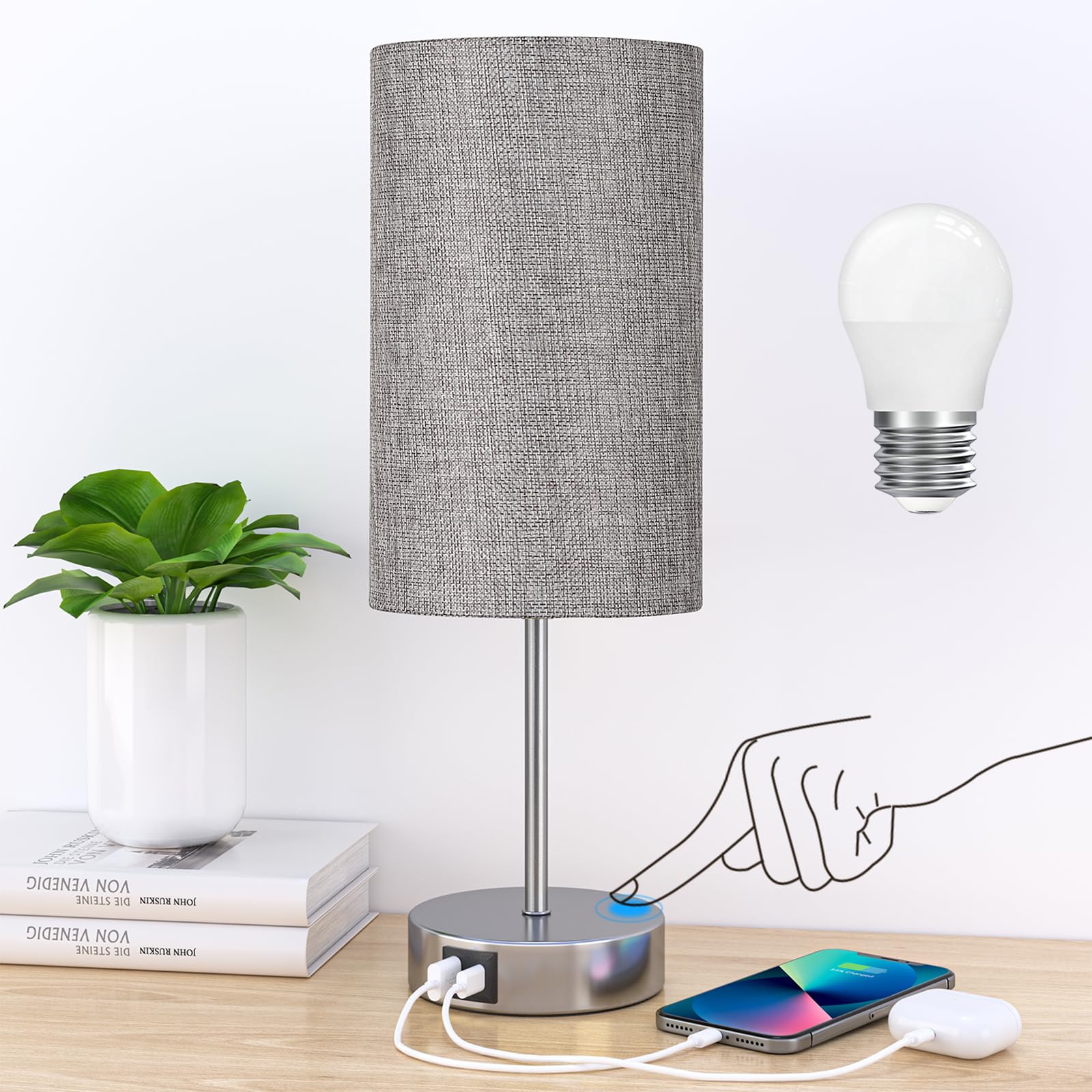 AKASUKI Table Lamp, 3 Way Dimmable, Touch Control, Fabric, 14.25 in, Grey Shade-Silver Base, Model XTD-Y, LED Bulb Included