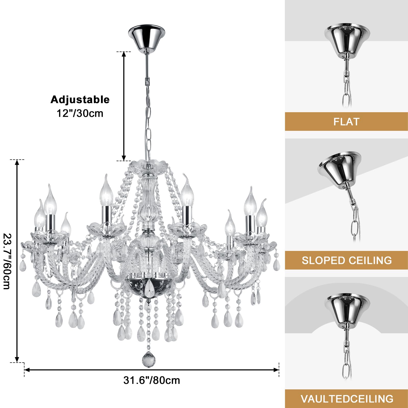 Baotree Modern Elegant 10 Lights K9 Crystal Glass Chandelier Silver Pendant Ceiling Lighting European Style For Dining Living Ro