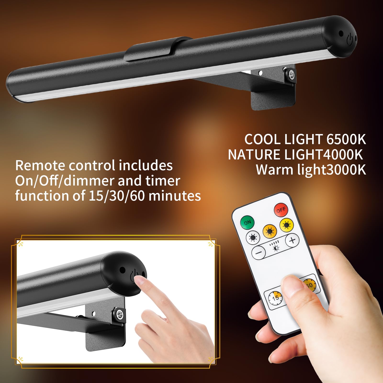 Swatia Picture Light, Wireless Metal Wall Lights, 300 Lumens Adjustable Brightness, 13 Inch, Black, 2 Pack