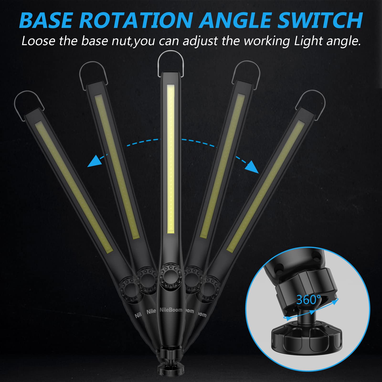 NileBoom LED Work Light - 800 Lumens, Rechargeable, Magnetic Base & Hook, 360? Swivel, Black, 4 Pack