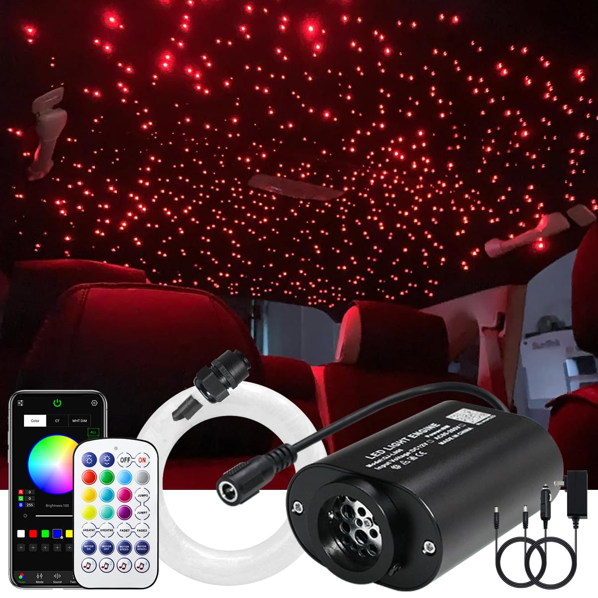 AKEPO Mini Size 6W Starlight Headliner Kit Twinkle Fiber Optic Lights, 550pcs 0.03in 9.8ft/3m Optical Fiber APP Control RGBW Led