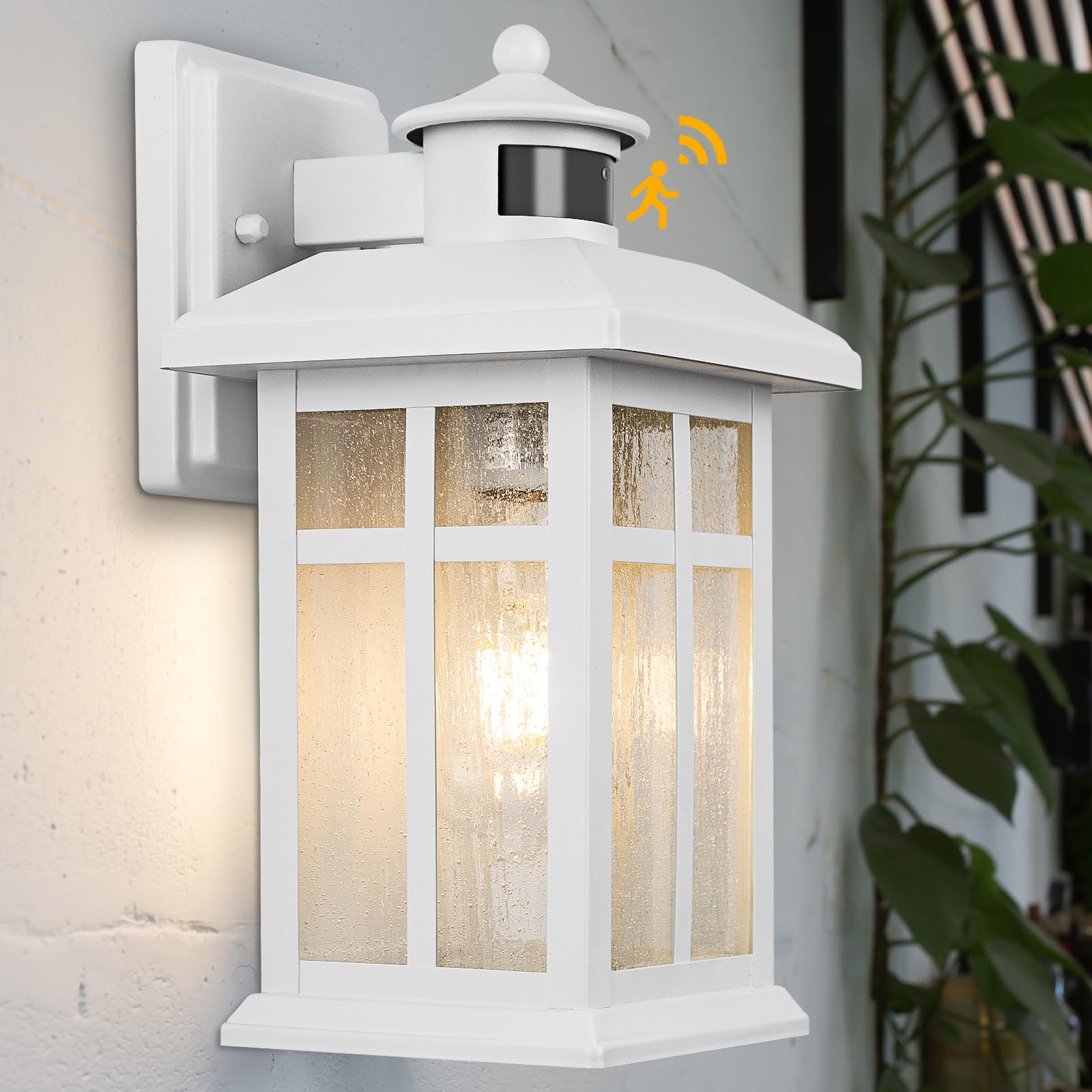 Brilvibera Dawn to Dusk Motion Sensor Wall Light Fixtures - White Wall Mount with E26 Sockets & Tempered Glass, Waterproof Outdo