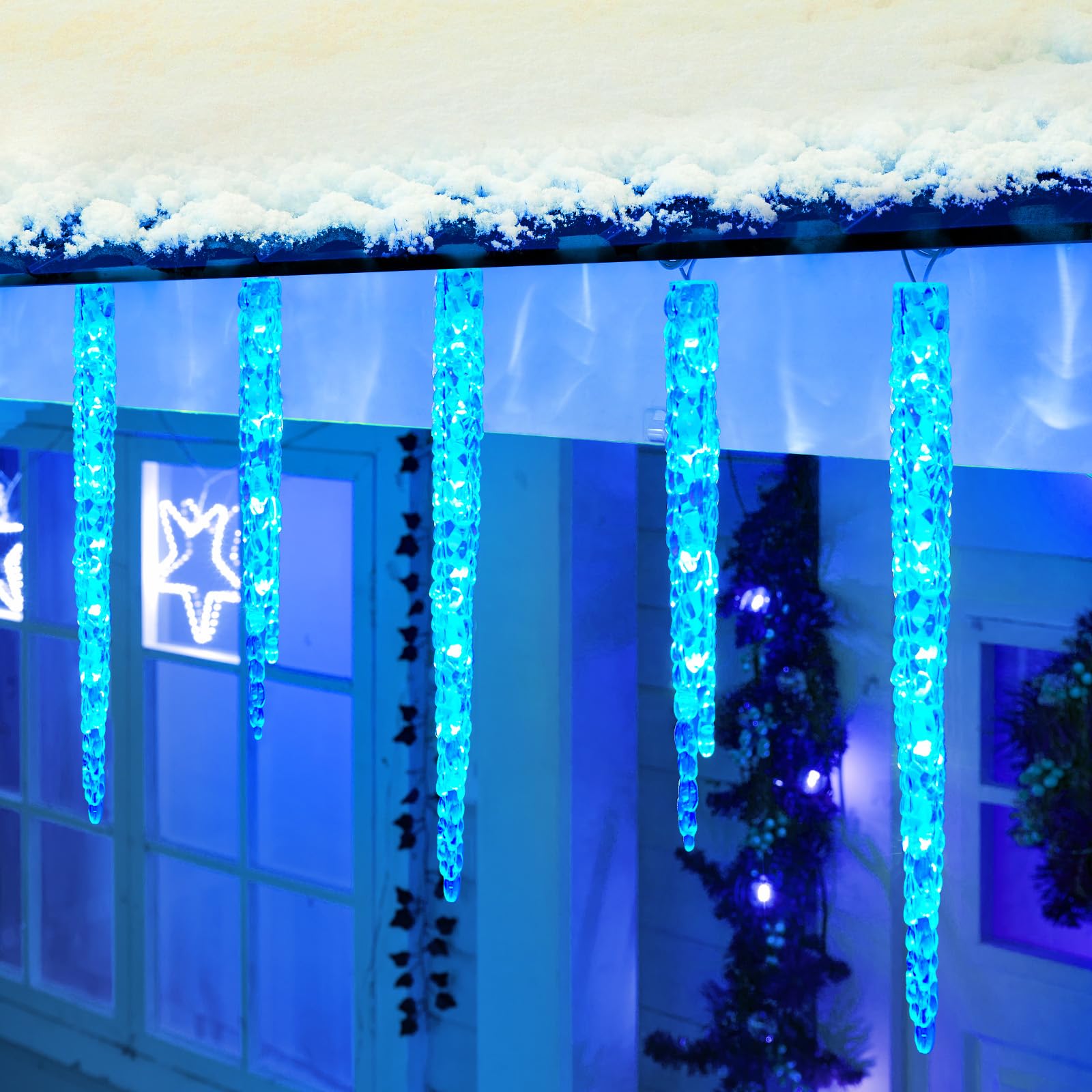 Minetom Icicle Lights Outdoor, 20ft 100 LED Twinkling Crystal String Lights, Waterproof, Blue, Model 39416A