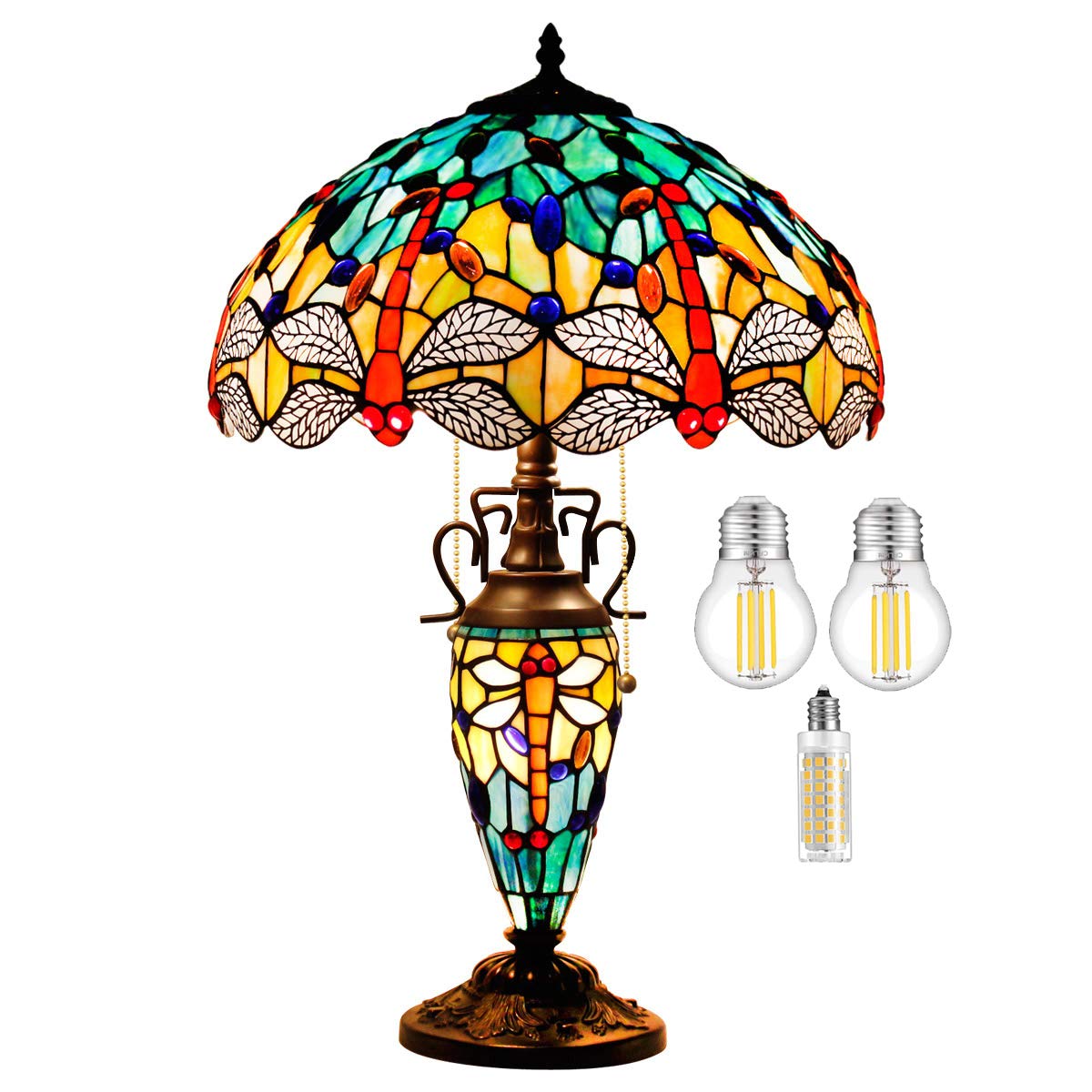 WERFACTORY Tiffany Table Lamp, Dragonfly Design, Glass, 16x16x24 Inches, Blue Yellow, S128 Series