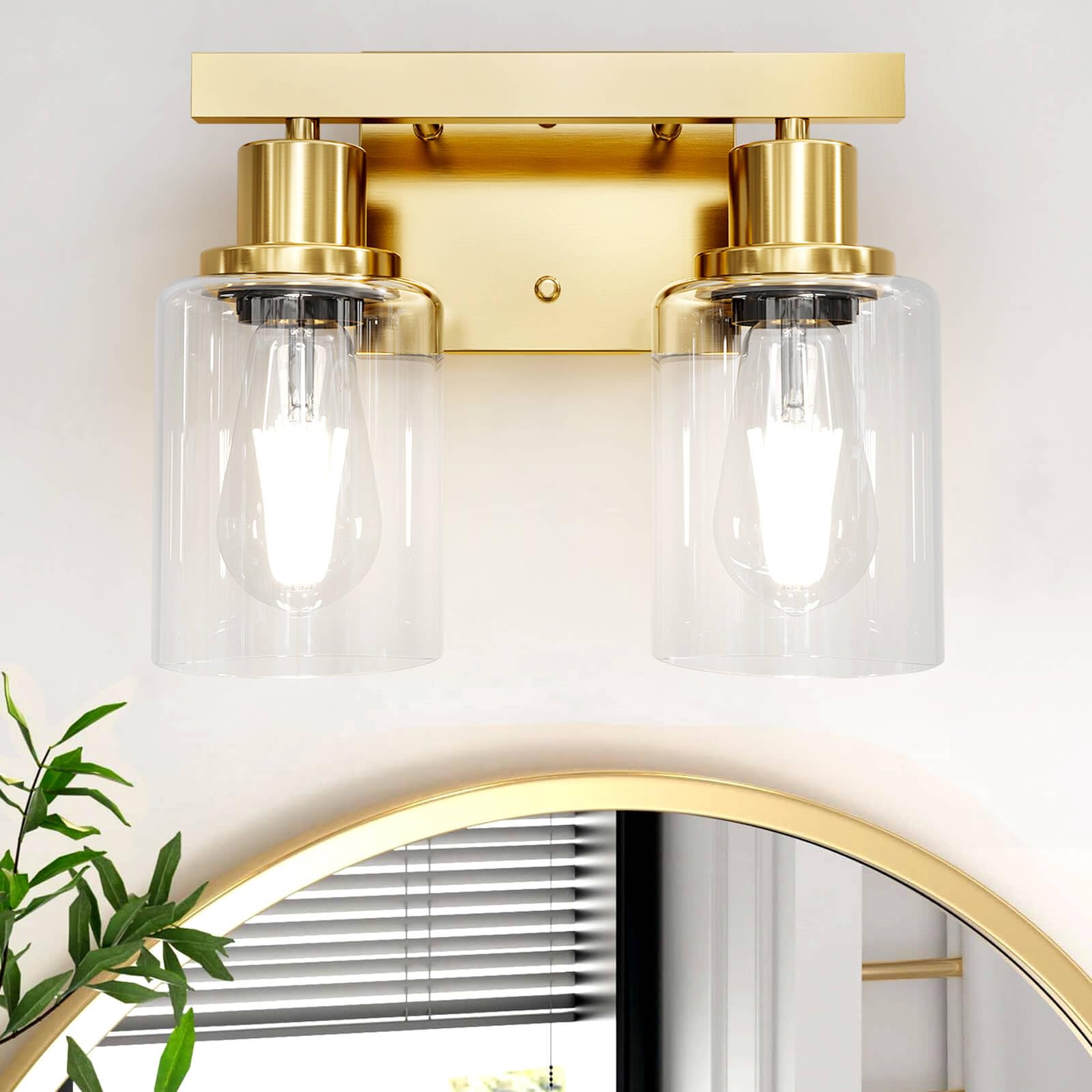 DIKAIDA 2-Light Vanity Lights, Brushed Gold Metal Bath Fixture with Clear Glass Shade, Model JS-2