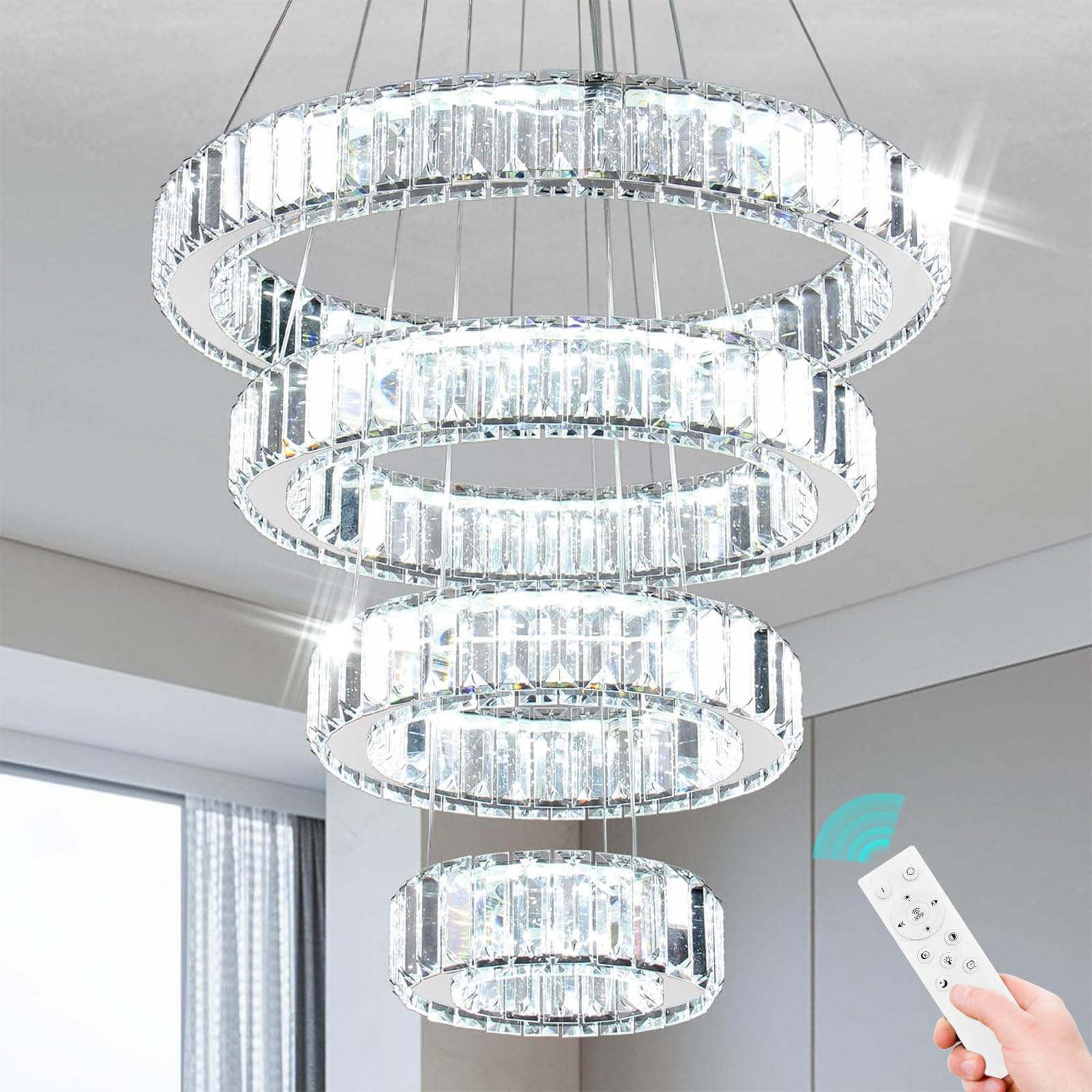 YPQXYHDA Dimmable Modern LED Chandelier with Remote 4 Ring Pendant Light Crystal Chandeliers for Dining Room Bedroom Living Room
