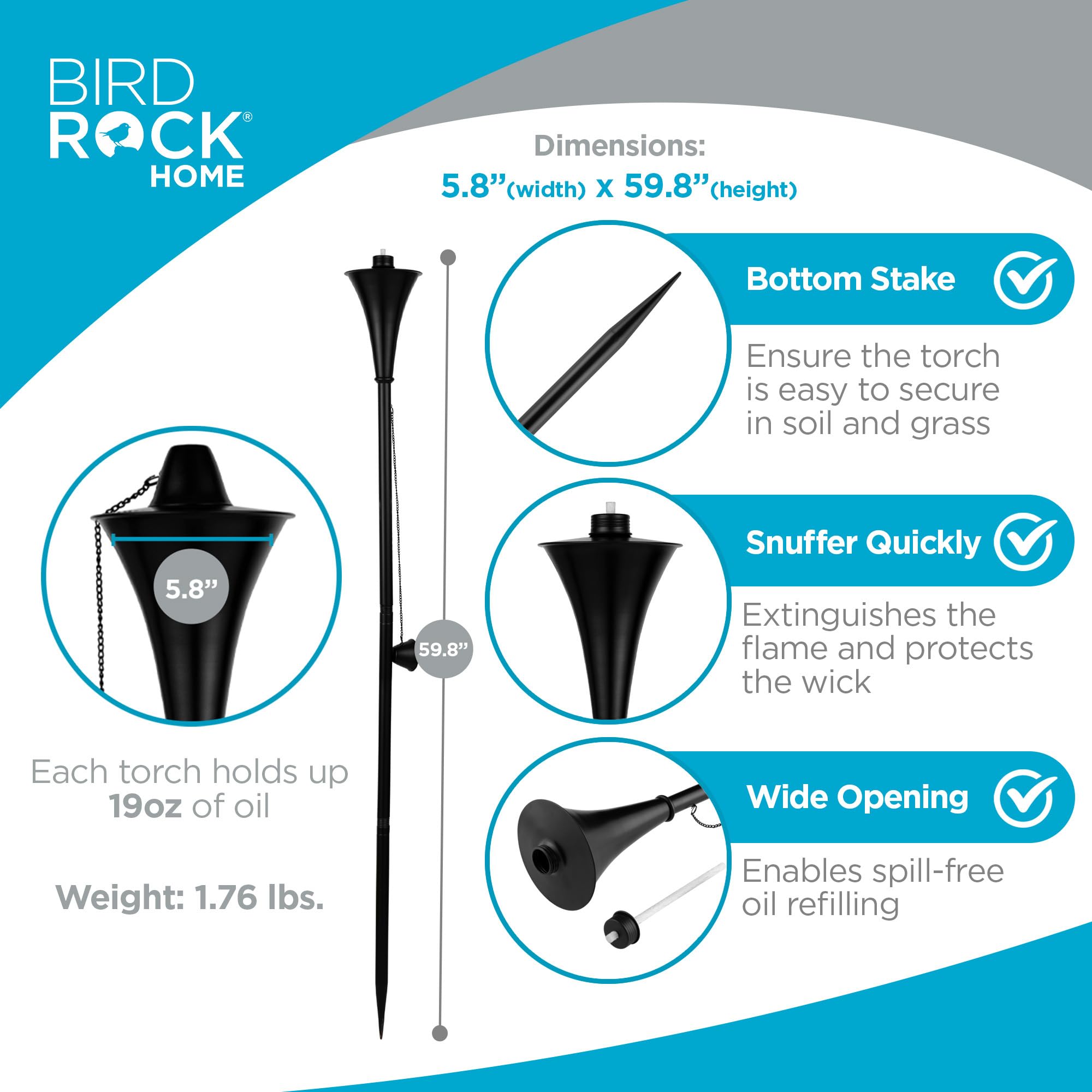 Birdrock Home Fiji Torches - Easy To Refill Citronella - Flame Light Torch - Backyard Outside Patio Lighting - Metal Lamp - Decorative Urban Lantern (2)