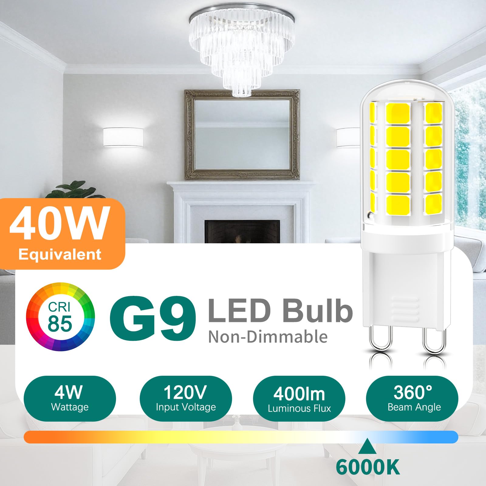 DiCUNO G9 LED Bulb 4W 40W Equivalent Pack of 6 Daylight White 6000K Non-Dimmable Bi-pin Base Model US-G9-32-CMC